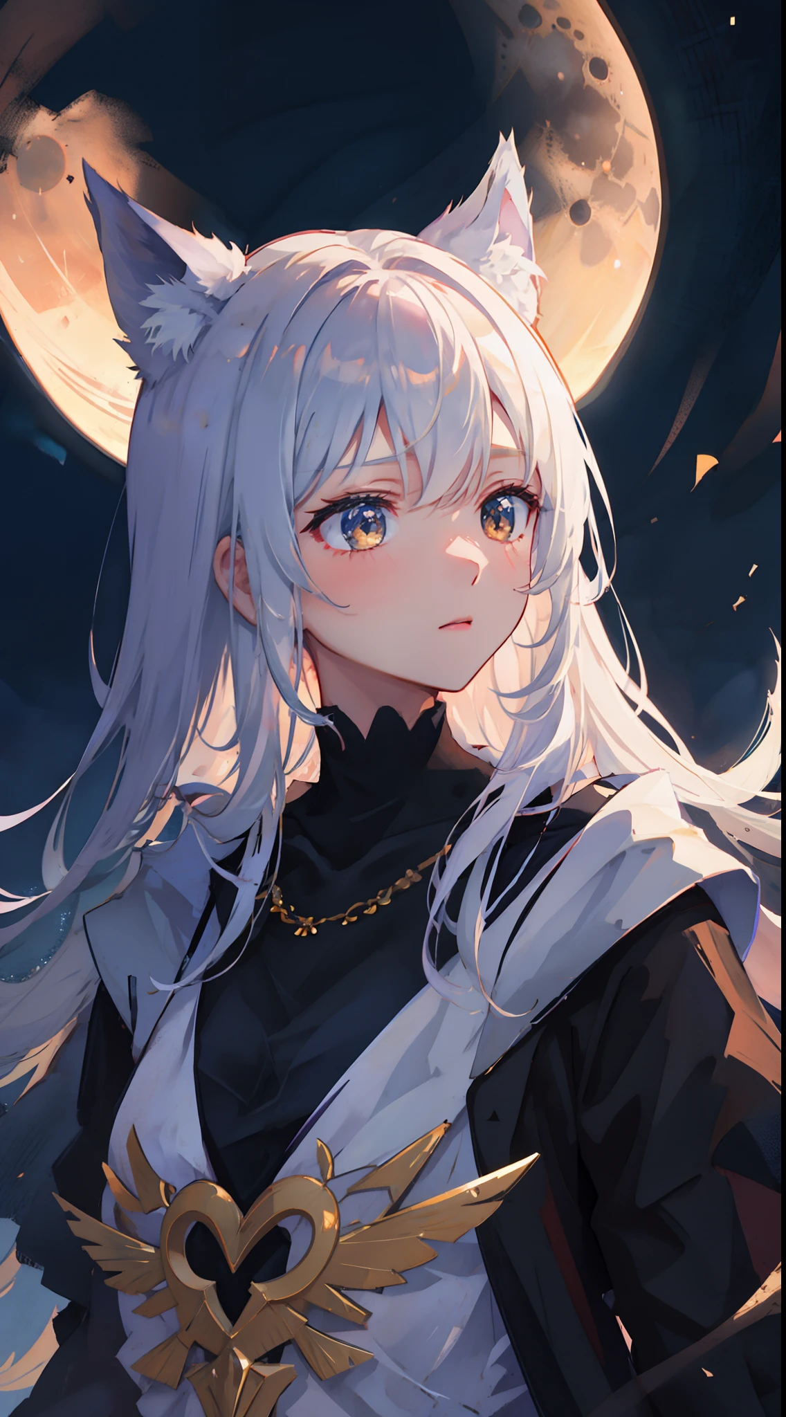 1 girl, upper body, single focus, mystical beauty, lunar attire, dreamy gaze, (moonlit night: 1.4), (subconscious mysteries: 1.3), lunar features, mystical aura, [depth of field, ambient lighting, moonlit landscape foreground, dreamy moon in the background], The Moon, illusions, subconscious exploration, (howling wolves), (crimson towers: 1.2), intricate details, enhanced lighting.