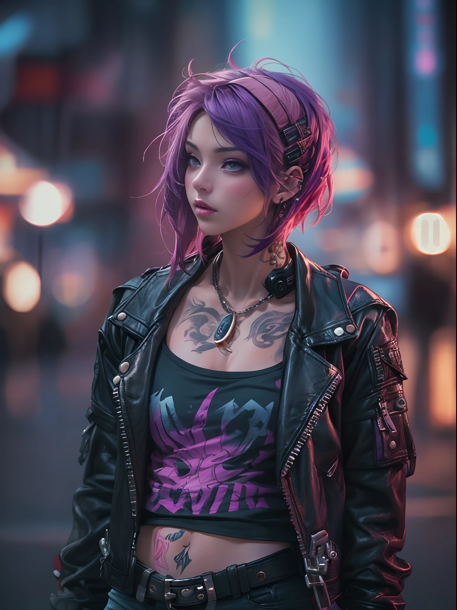 Photograph of cute 18 year old cyberpunk girls, (top-quality、in 8K、32K、masterpiece、(NSFW))、cowboy shot, Fancy makeup, shapeless punk hair, punk fashion, tank top, leather jacket, miniskirts, pink-hair, red hair, purple hair multicolor hair、Tattoos,、cyberpunk city streets Background、Backlight effect、depth of fields,slightly blurry background.