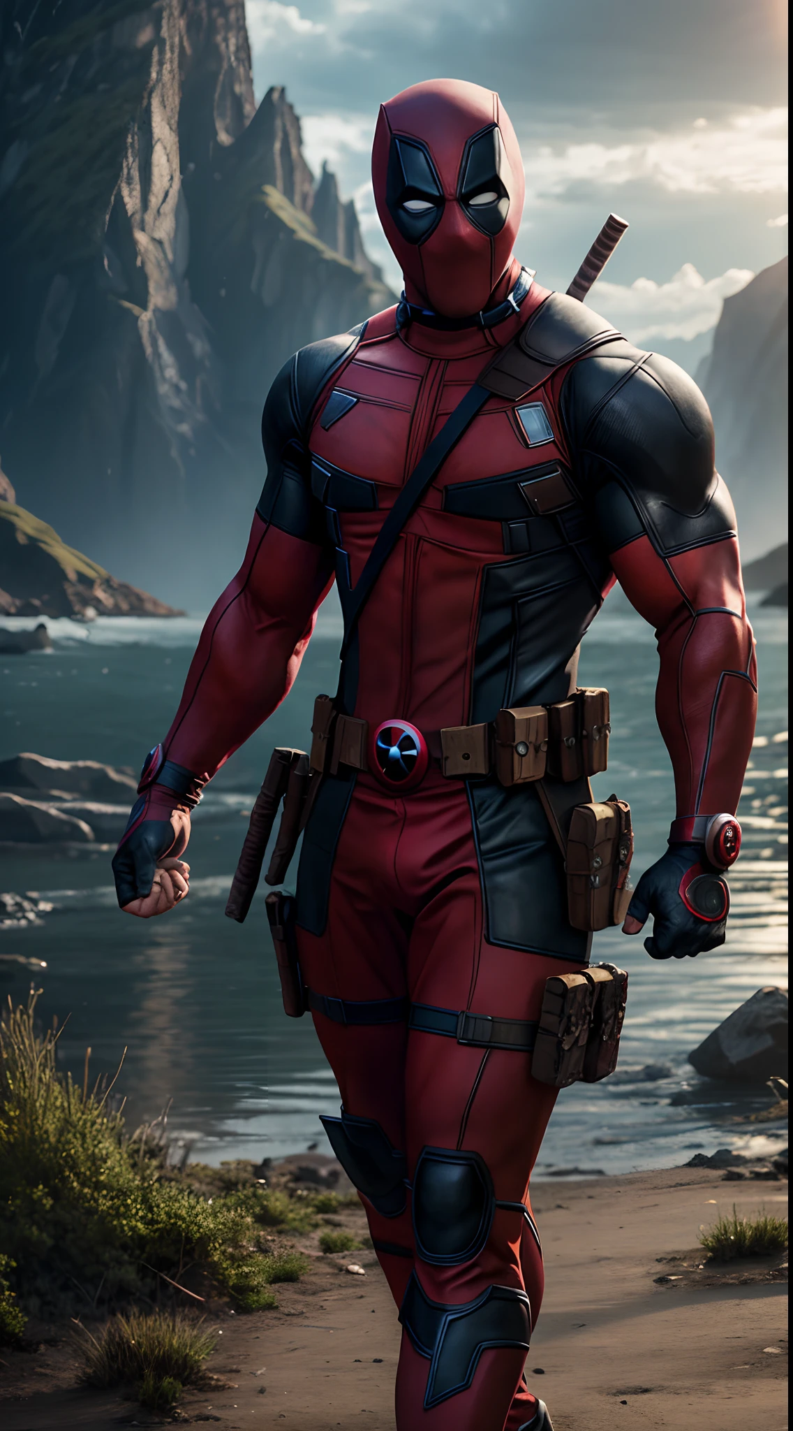 deadpool marvel ,Bodybuilder, super strong, muscular, ABS, in background asgard, 35mm lens, photography, ultra details, HDR, UHD,8K