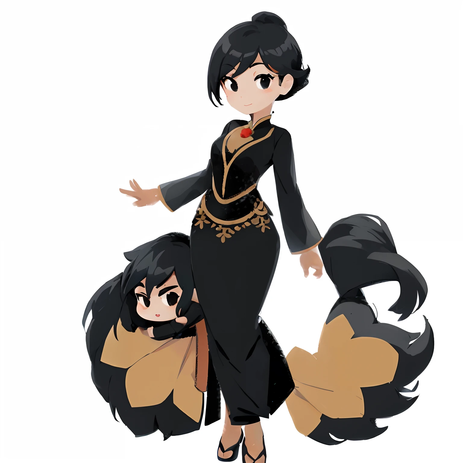 cartoon girl, animation character, merged character, ((kebaya costume)), simple stylized, cute character, character is standing, character posing, cute cartoon character, character design for animation, stylized character, south east asian with round face, game character, full body character, cartoonish and simplistic, chibi style, anime style character