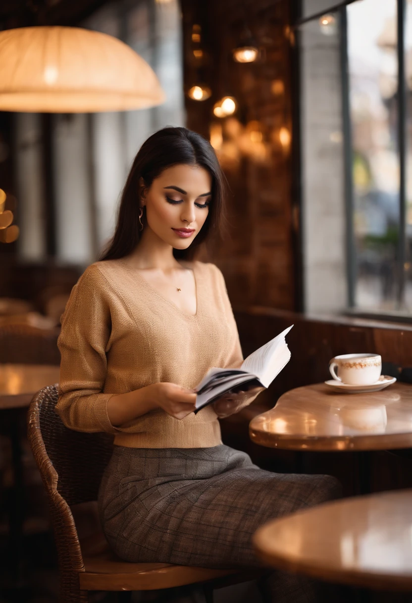 (sharp-focus: 1.2), photo (full - body) (American Apartment), Attractive 25-year-old girl, Reading Menu, Sitting in a Parisian coffee shop, (beatiful face: 1.1), Detailed light brown eyes, Delicious lips, (eye make up: 0.85), (Average Breasts,: 1.0), (Solid: 1.2), (soft long black hair: 1.2), (Long bangs:1.1),wearing (mini skirt) plaid mini skirt, (oversized sweater), (Moderate lighting,: 1.2), Depth of field, bokeh, 4k, HDR. Miss Universe, Cover photo. ((skin with fine spots and wrinkles), , (moody lighting: 1.2), Depth of field, bokeh, 4k, HDR