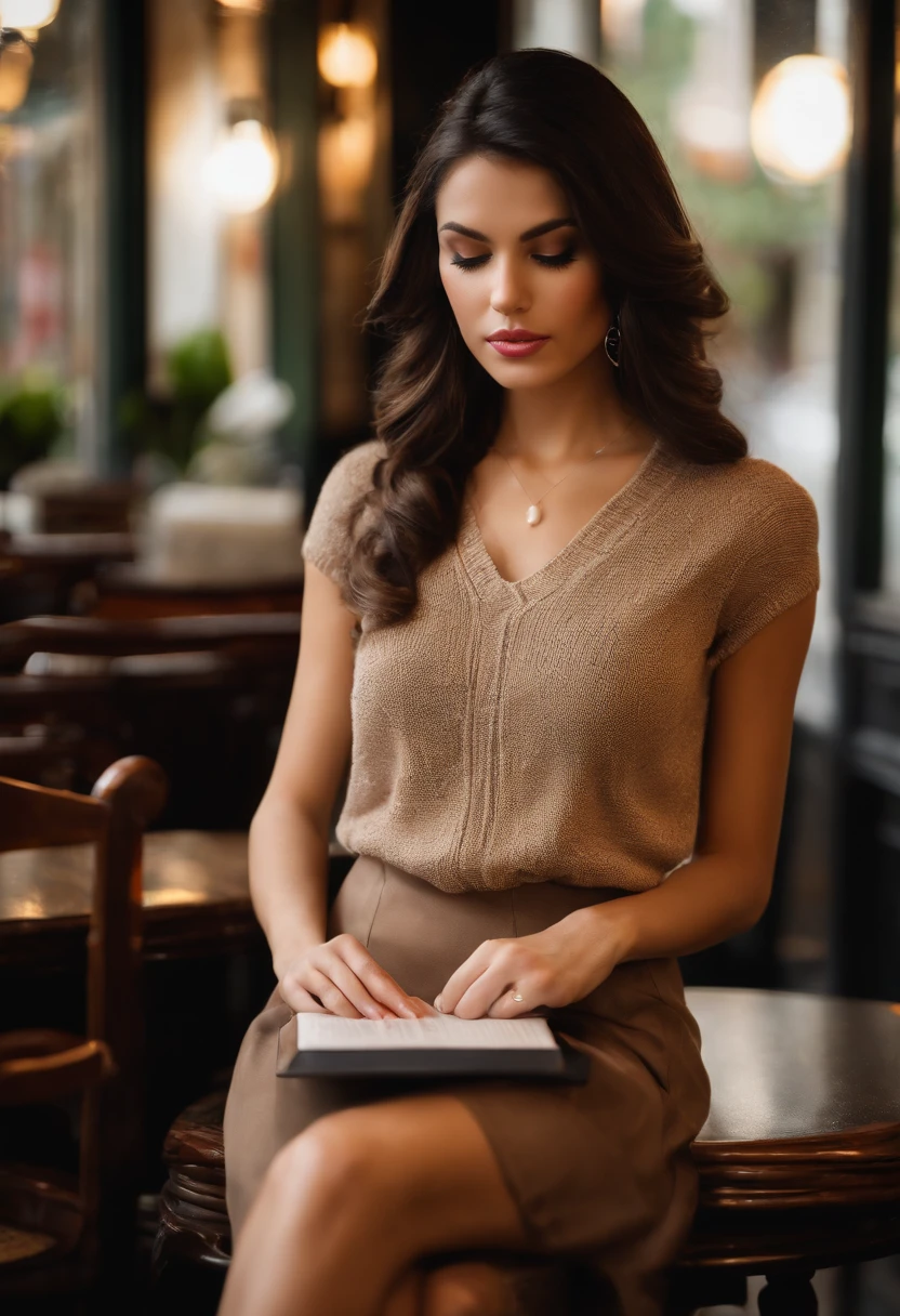 (sharp-focus: 1.2), photo (full - body) (American Apartment), Attractive 25-year-old girl, Reading Menu, Sitting in a Parisian coffee shop, (beatiful face: 1.1), Detailed light brown eyes, Delicious lips, (eye make up: 0.85), (Average Breasts,: 1.0), (Solid: 1.2), (soft long black hair: 1.2), (Long bangs:1.1),wearing (mini skirt) plaid mini skirt, (oversized sweater), (Moderate lighting,: 1.2), Depth of field, bokeh, 4k, HDR. Miss Universe, Cover photo. ((skin with fine spots and wrinkles), , (moody lighting: 1.2), Depth of field, bokeh, 4k, HDR