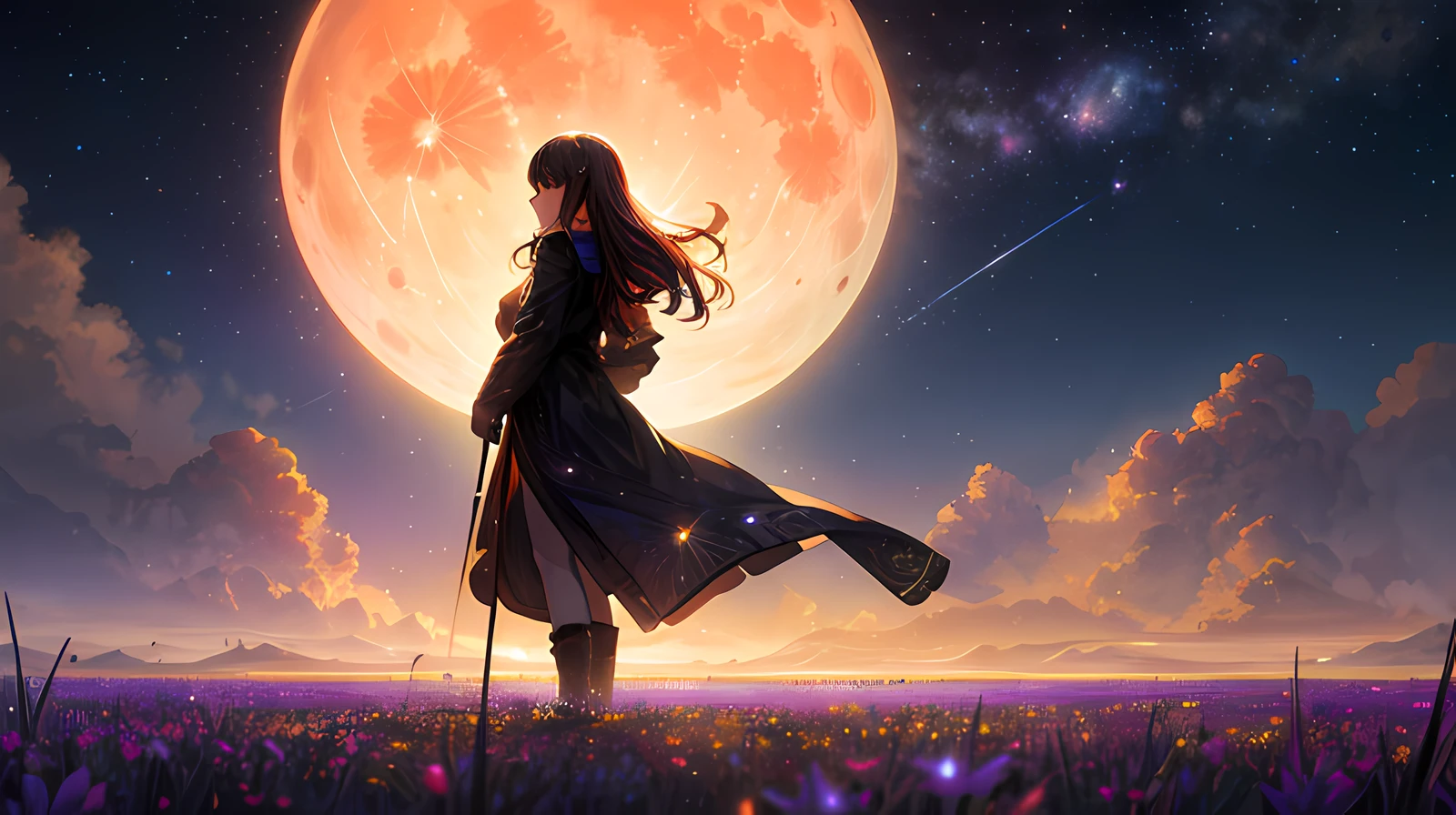 expansive landscape photograph , (a view from below that shows sky above and open field below), a girl standing on flower field looking up, (full moon:1.2), ( shooting stars:0.9), (nebula:1.3), distant mountain, tree BREAK
production art, (warm light source:1.2), (Firefly:1.2), lamp, lot of purple and orange, intricate details, volumetric lighting, realism BREAK
(masterpiece:1.2), (best quality), 4k, ultra-detailed, (dynamic composition:1.4), highly detailed, colorful details,( iridescent colors:1.2), (glowing lighting, atmospheric lighting), dreamy, magical, (solo:1.2)