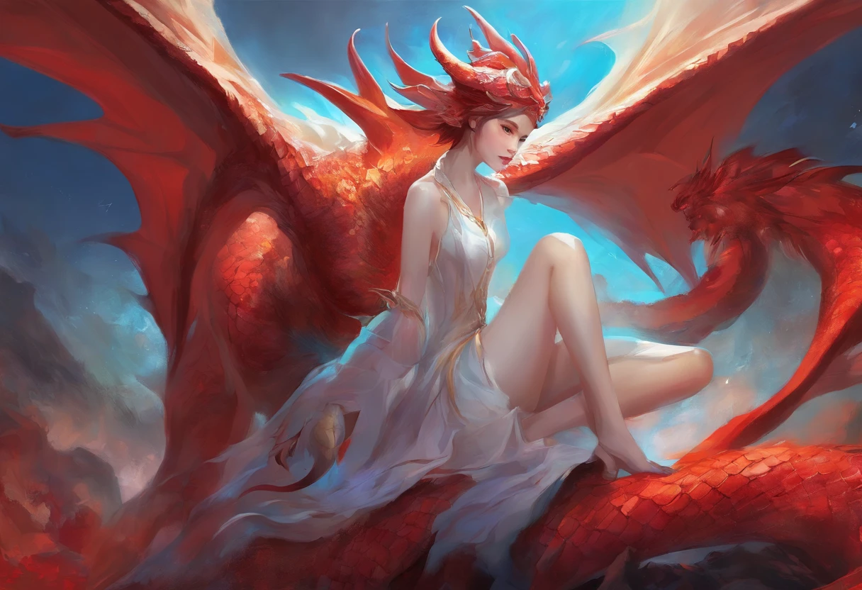 anthro, duo, male/female, white body, ((male red dragon)), on back, female penetrated, female on top, hi res, detailed background, black sclera, deep penetration, cum inside, big red penis in pussy, ((photorealism)), by pino daeni, by hioshiru, masterpiece, digital painting, vibrant, gloomy, dynamic light, blue sky,