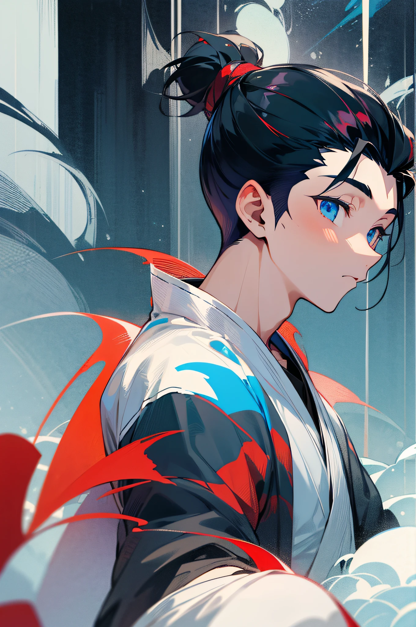 1male, young, top knot hair, undercut hair, black hair with red strands. sky blue eyes, yukata, expressionless, ocean