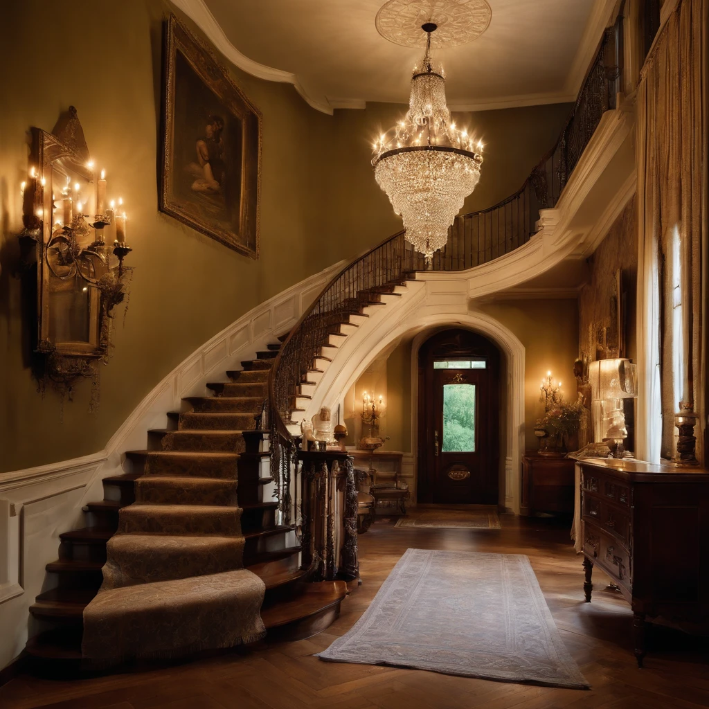 Create an impressive look for the front foyer with a wide panel entrance. ((in the center, A majestic staircase leads upstairs)), with one branch to the right, and the other on the left, gracefully merging on the landing of the second floor. over, a gorgeous, An intricate chandelier hangs from the ceiling, Soft Casting, ethereal glow. On the walls, Antique candlesticks, covered with delicate cobwebs, Don't do anything. The foyer is decorated with dusty, Time-worn portraits and shabby curtains, which add an atmosphere of mystery and nostalgia.