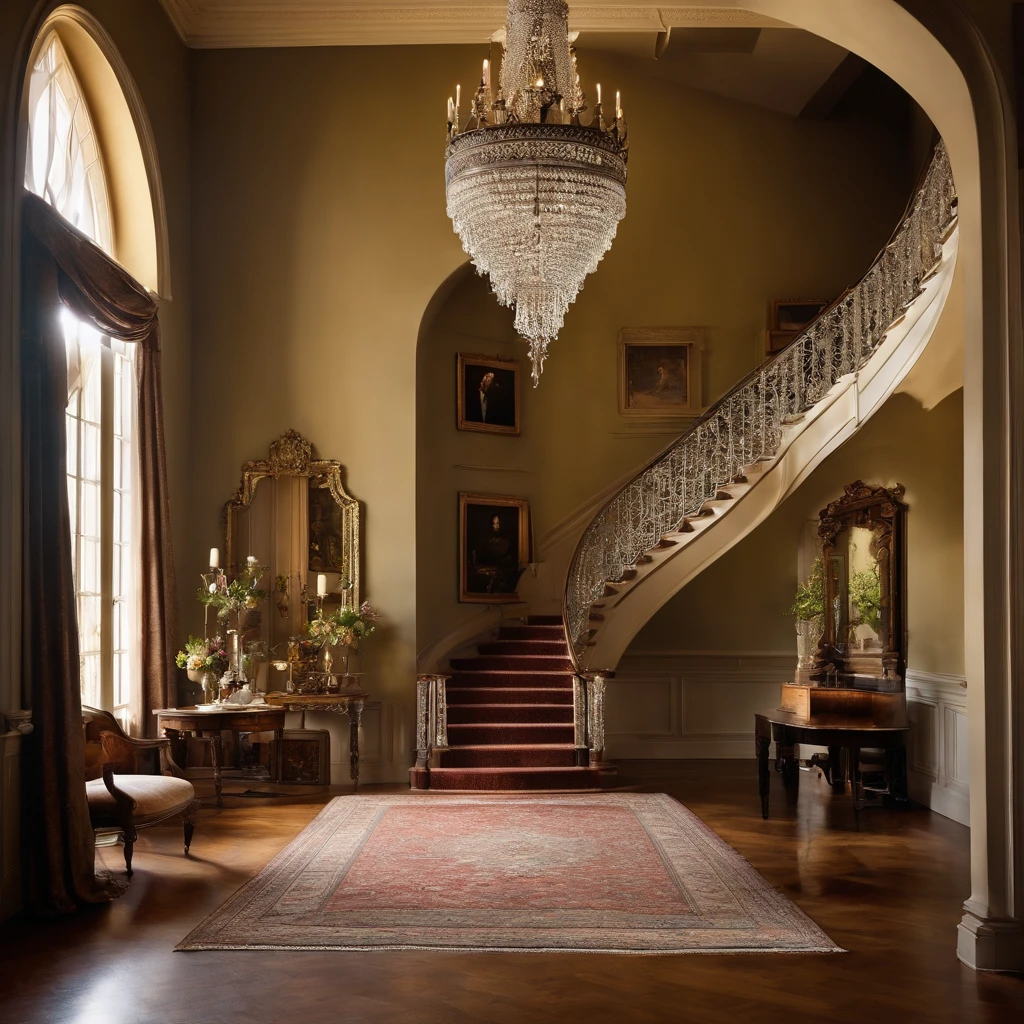 Create an impressive look for the front foyer with a wide panel entrance. ((in the center, A majestic staircase leads upstairs)), with one branch to the right, and the other on the left, gracefully merging on the landing of the second floor. over, a gorgeous, An intricate chandelier hangs from the ceiling, Soft Casting, ethereal glow. On the walls, Antique candlesticks, covered with delicate cobwebs, Don't do anything. The foyer is decorated with dusty, Time-worn portraits and shabby curtains, which add an atmosphere of mystery and nostalgia.