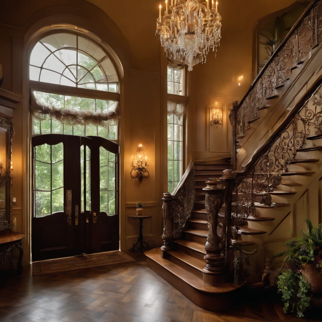Create an impressive look for the front foyer with a wide panel entrance. ((in the center, A majestic staircase leads upstairs)), with one branch to the right, and the other on the left, gracefully merging on the landing of the second floor. over, a gorgeous, An intricate chandelier hangs from the ceiling, Soft Casting, ethereal glow. On the walls, Antique candlesticks, covered with delicate cobwebs, Don't do anything. The foyer is decorated with dusty, Time-worn portraits and shabby curtains, which add an atmosphere of mystery and nostalgia.