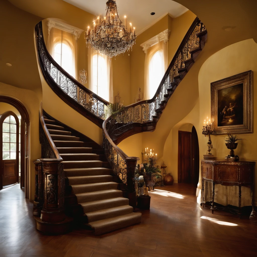 Create an impressive look for the front foyer with a wide panel entrance. ((in the center, A majestic staircase leads upstairs)), with one branch to the right, and the other on the left, gracefully merging on the landing of the second floor. over, a gorgeous, An intricate chandelier hangs from the ceiling, Soft Casting, ethereal glow. On the walls, Antique candlesticks, covered with delicate cobwebs, Don't do anything. The foyer is decorated with dusty, Time-worn portraits and shabby curtains, which add an atmosphere of mystery and nostalgia.