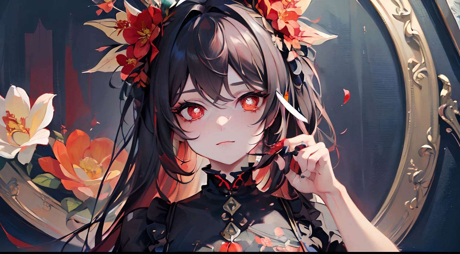 (insanely details, full bloom:1.5), ((Solo)), (Highest quality, (Colourful), (High sharpness), ((Detailed flower shaped pupils)), With red eyes, ((Painting:1.1)), (Digital painting:1.1), Detailed face and eyes,Masterpiece, Best quality, Highly detailed photo:1, 8K