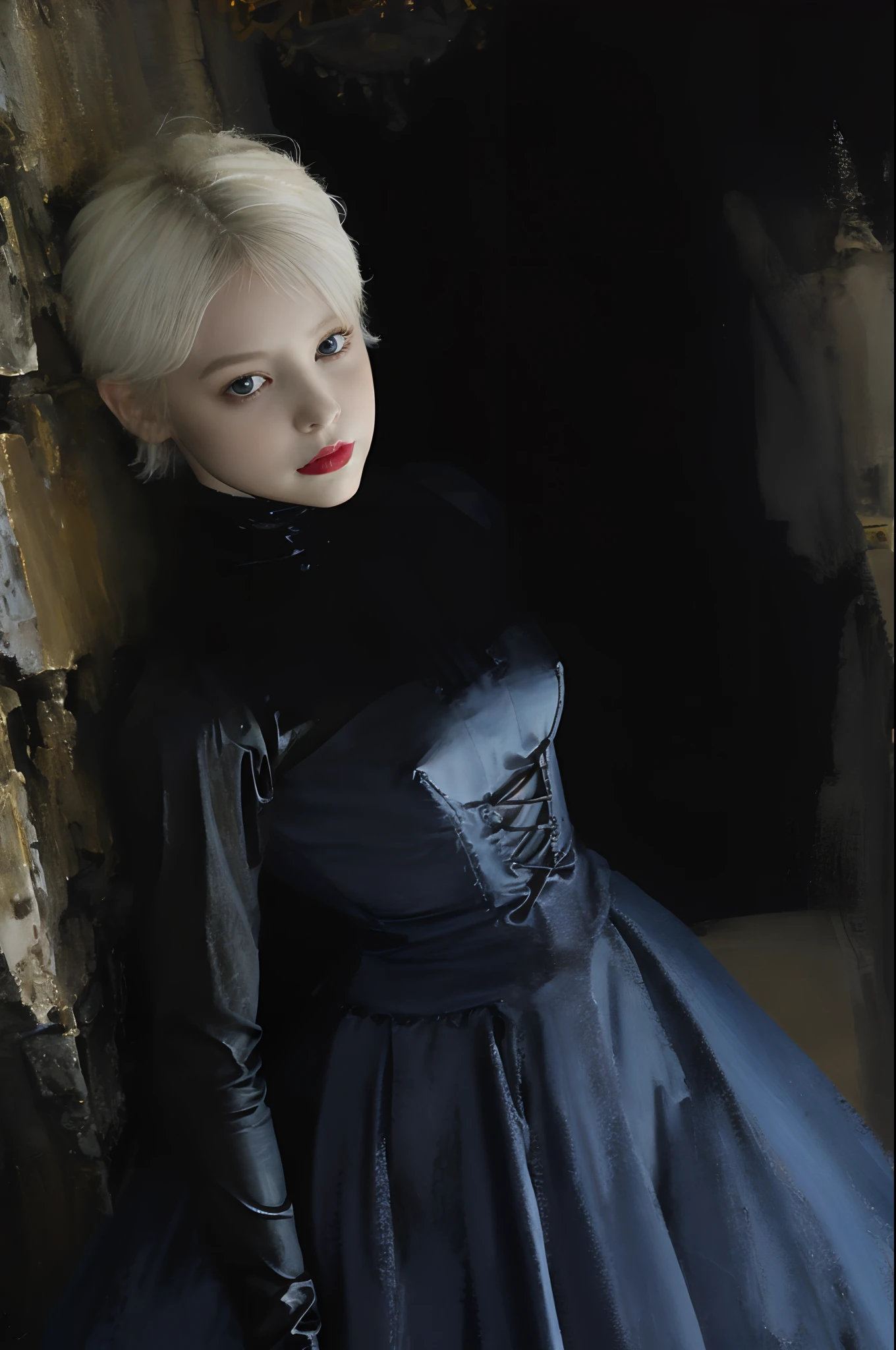 Top image quality、​masterpiece、an oil painting、Impasto、Aerial perspective、thirds rule、Beautiful Nordic girl、A little taller、slightly smaller eyes、Pretty small face、Light makeup、Platinum blonde short hair、middlebreasts、big butts、slightly thicker legs、Black Gloves、Long Sleeve Gothic Dress、The basement of the old castle、blue moonlight