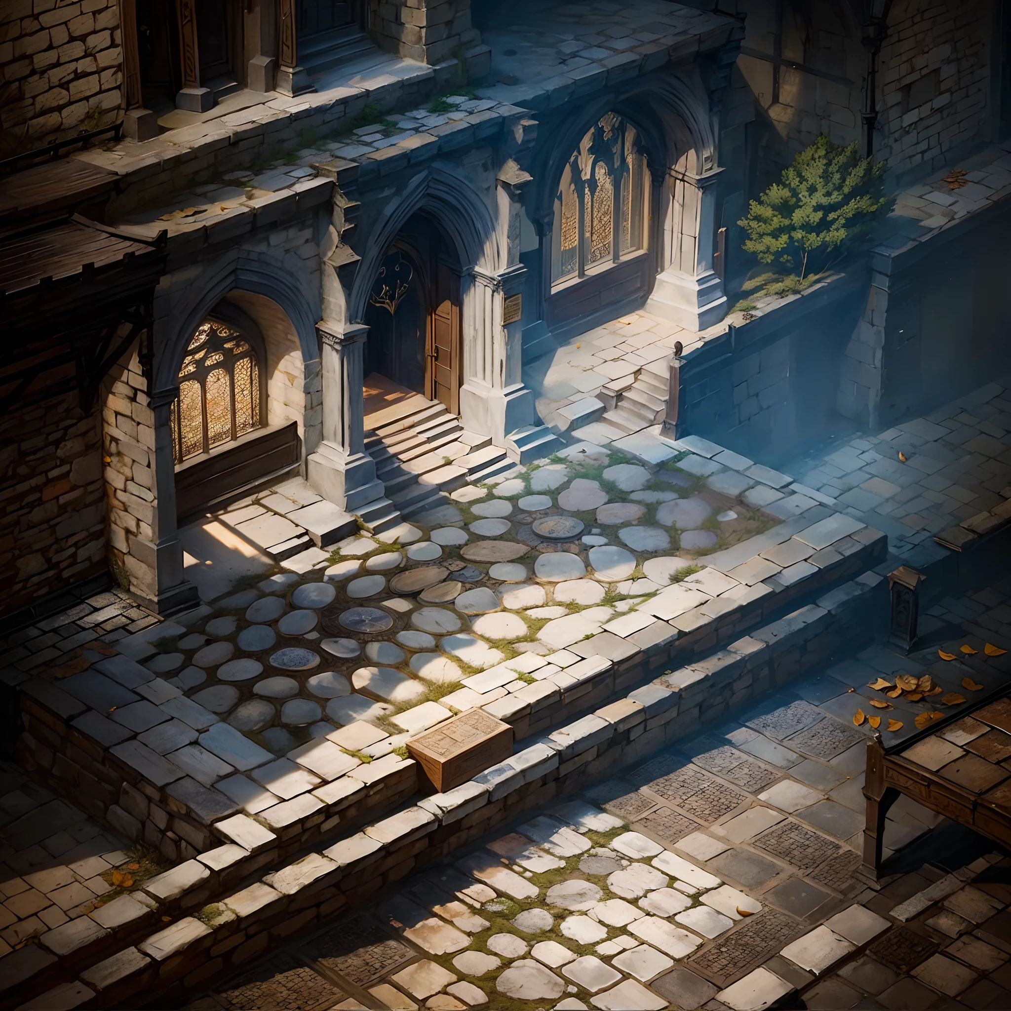 A floor with a medieval sidewalk with some change and leaves on the ground. View from above, Next zoom, plants in the ground