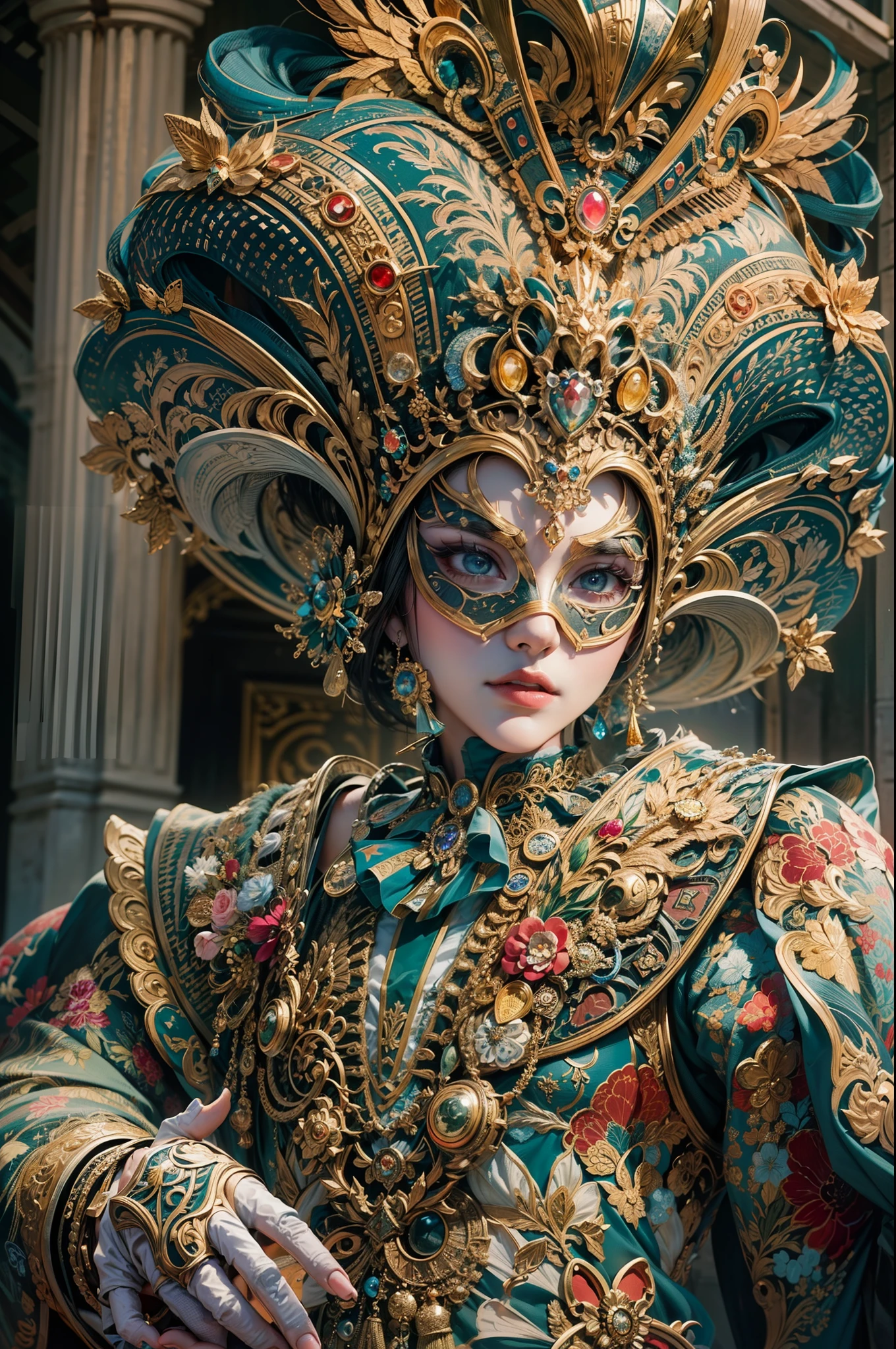 (Masterpiece, Best Quality, Hyperdetailed), Generate an alluring image of a charismatic male character reveling in the splendor of the Venice Carnival. He wears an elaborate and vividly colorful costume that pays homage to the carnival's rich history. His attire is adorned with intricate patterns and textures, capturing the essence of Venetian masquerade fashion. At the center of it all, he sports the iconic bauta mask with a striking white base and a prominent, pointed nose. The character's presence embodies the timeless allure of the Venetian festivities. Intricate details, high_res