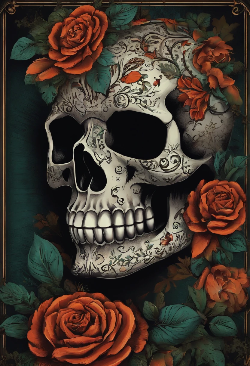 red rose,Surrounded by green leaves,In the middle is a skull,tattoo pattern,Don't touch boundaries,without background,hyper HD,Lots of detail --auto