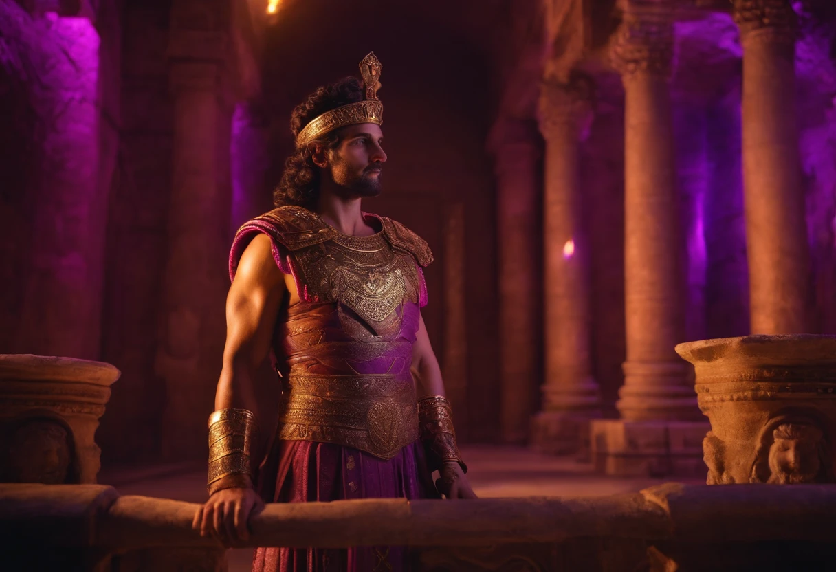 8k roman king with purple lights in ancient world
