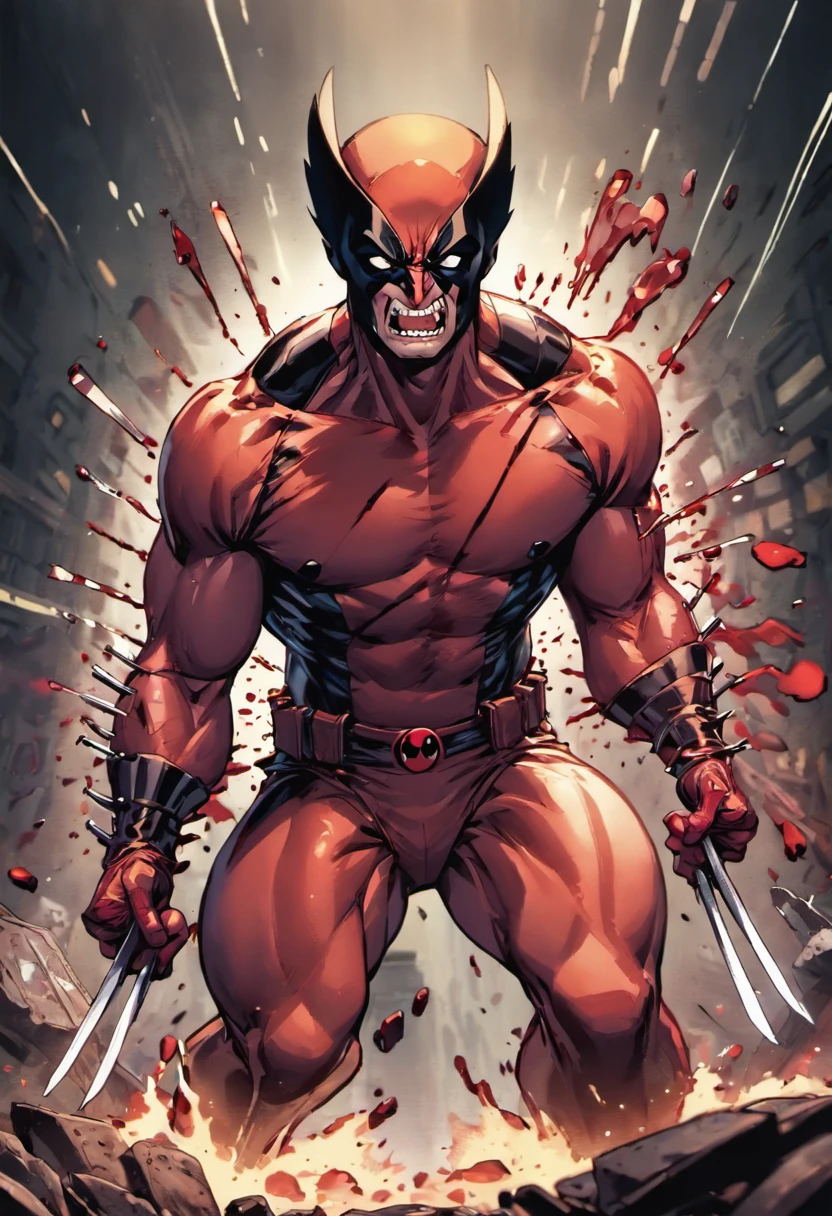 wolverine,deadpool,comic book illustration,steel claws,blood stains,adamantium skeleton,heroic pose,masked faces,red and black costumes,intense fighting scene,fast-paced action,dynamic composition,(best quality,4k,8k,highres,masterpiece:1.2),ultra-detailed,realistic:1.37,HDR,studio lighting,vivid colors,bokeh,comic book style,high contrast,gritty atmosphere,strong shadows,dramatic lighting