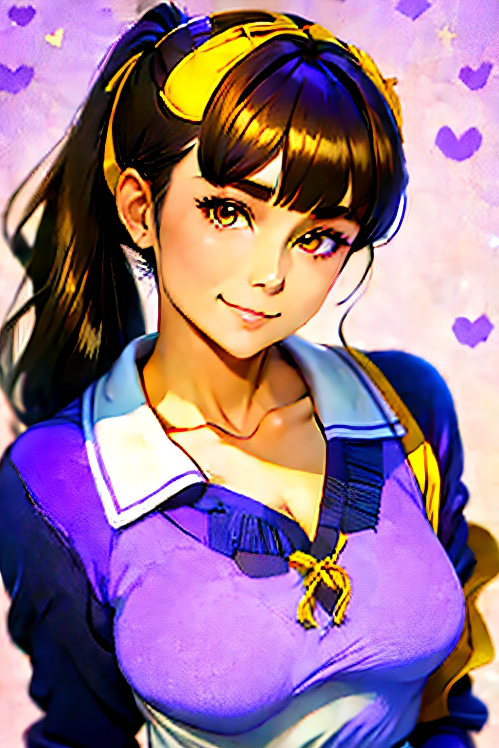 ichigestyle, 1girl, solo, brown hair, heart, hair ornament, school uniform, side ponytail, smile, looking at viewer, neckerchief, upper body, heart hair ornament, cardigan, sailor collar, serafuku, black sailor collar, bangs, yellow eyes, closed mouth, long hair, brown eyes, purple neckerchief, striped background, collarbone, striped, polka dot, star (symbol)