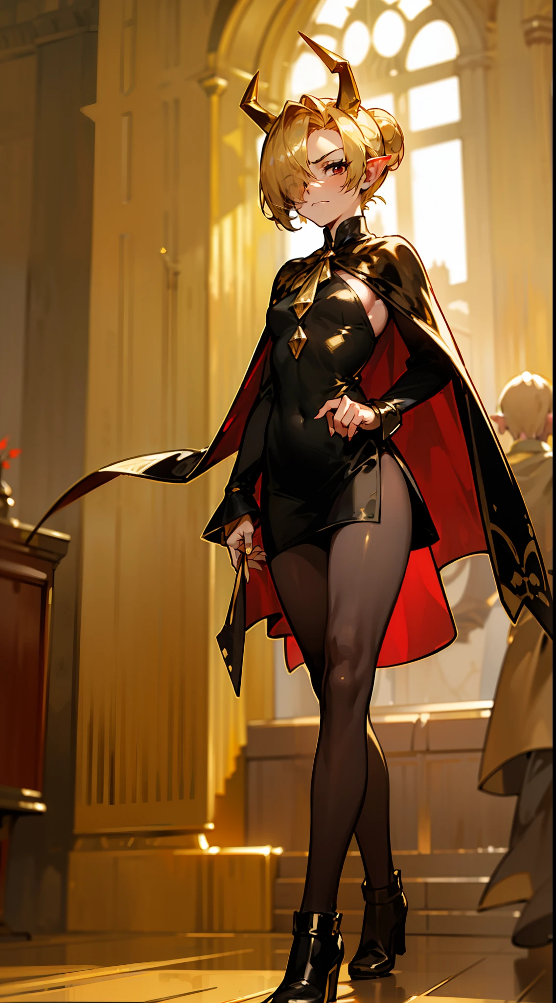 1woman,40s,solo,angry face,golden and black short dress,medium tits,golden hair,small hair,red eyes,elves ears, golden horns,pantyhose,((cape)),hair over one eye,gold high heels,(((walking in front of a room inside a castle)))