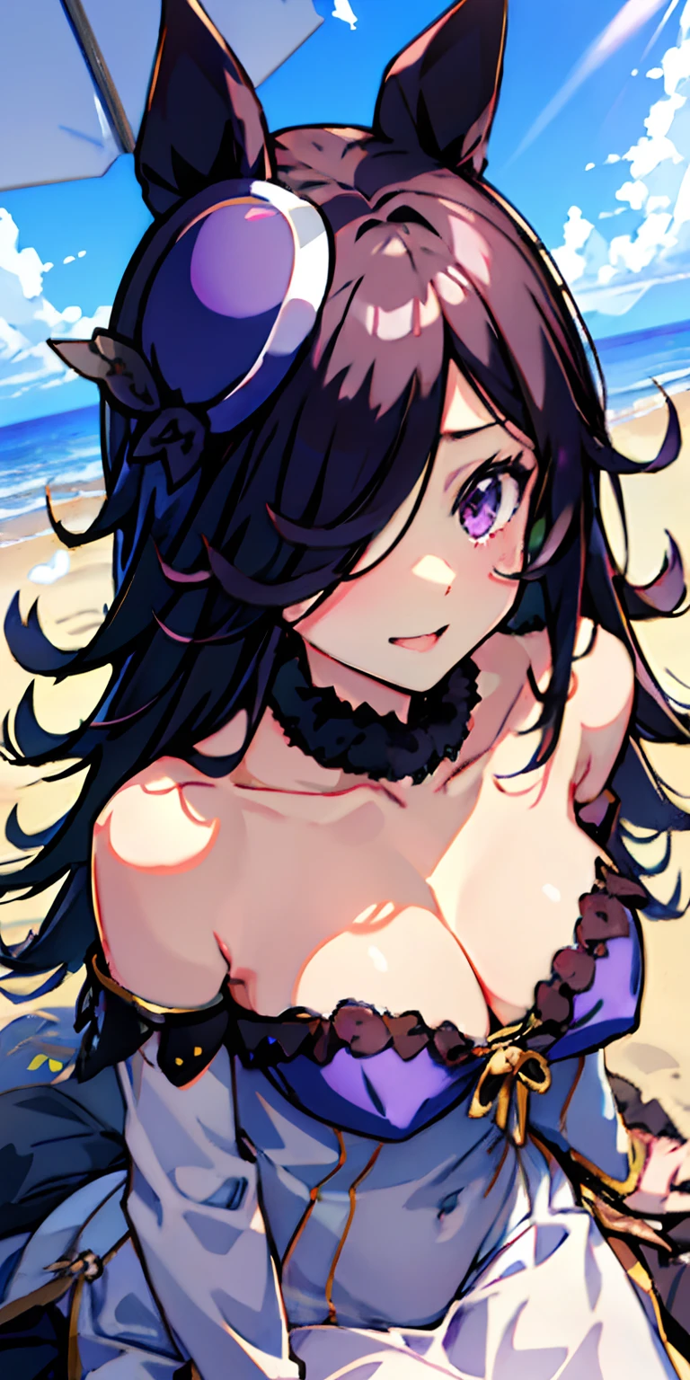 realisitic、 1 人、Big breasts、Purple eyes、The bikini、the beach、Particles of light、llight rays、wall-paper、
