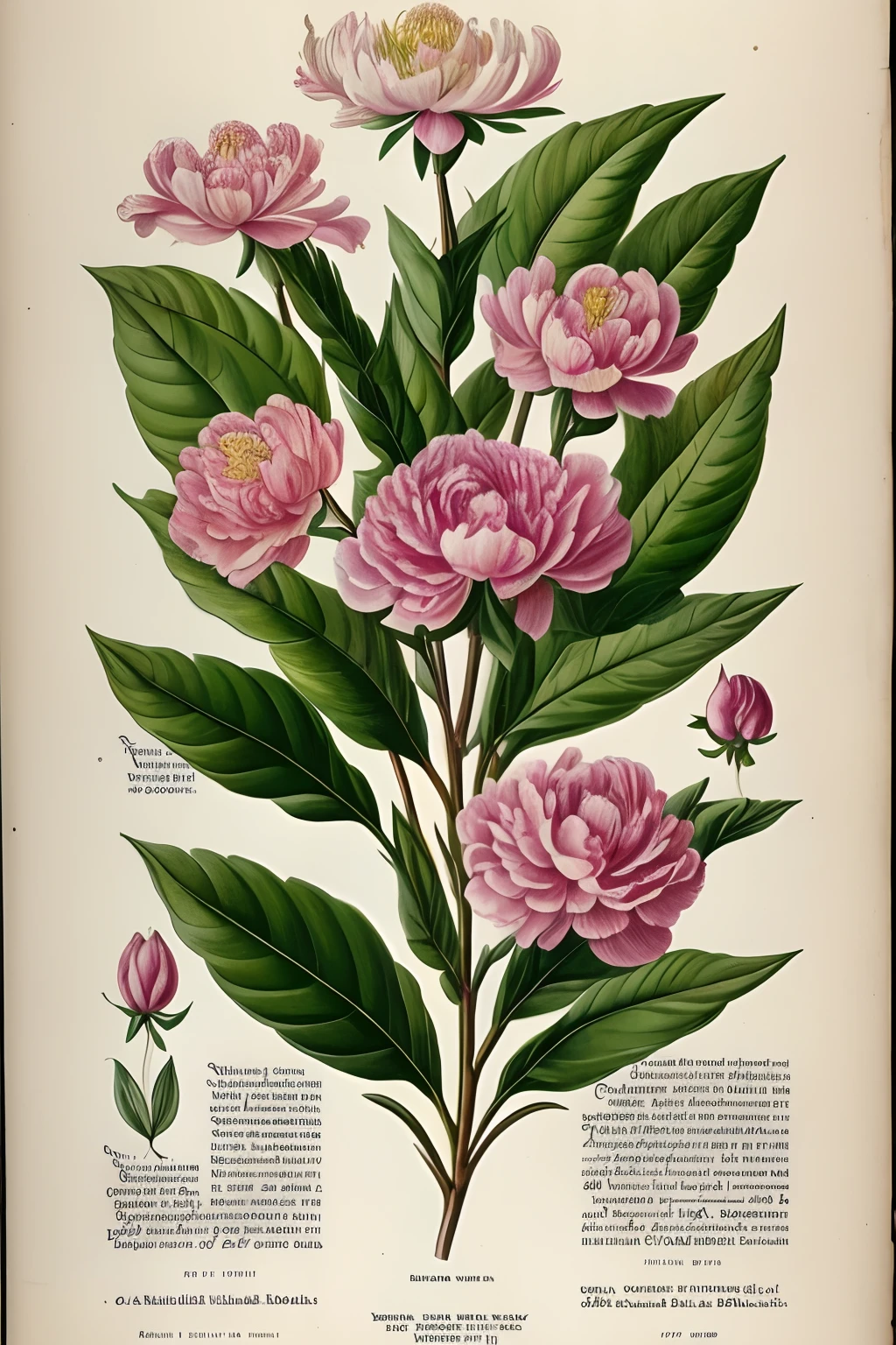 Vintage Victorian style　Precise botanical encyclopedia (best quality:1.2), (detailed:1.2), (masterpiece:1.2), vintage botanical illustrations of peonies (1770 1775)