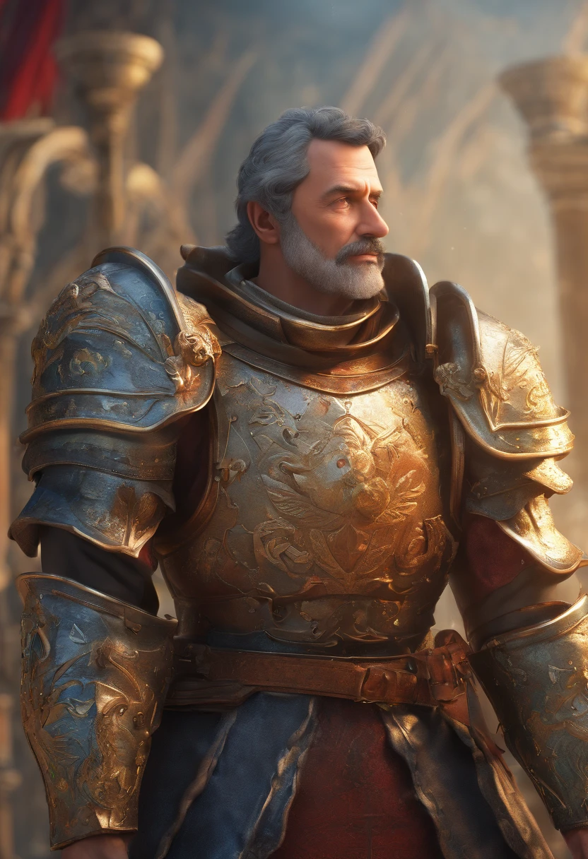Absurd resolution, high resolution, (Masterpiece: 1.4), hyper-detailing, Middle-aged man in military medieval armor, Scientific Observatory background, Screen walls, etc, Open your mouth excitedly, Upper body photo