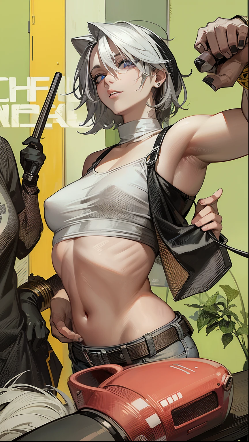 Pele azeitona, short hair, grey hair, seductive look , Gray pupil.