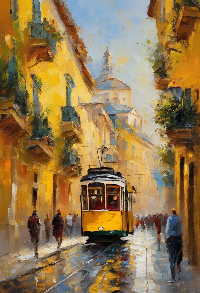 masterpiece、top-quality、morning、stroll。pup、exquisite and detailed drawings, yellow tram in Lisbon city, sunny, rich, classy, opulent, Lisbon street abstract, with light glowing、Happiness、Fresh morning sunshine、(Spark:0.7) 、stroll、landscapes