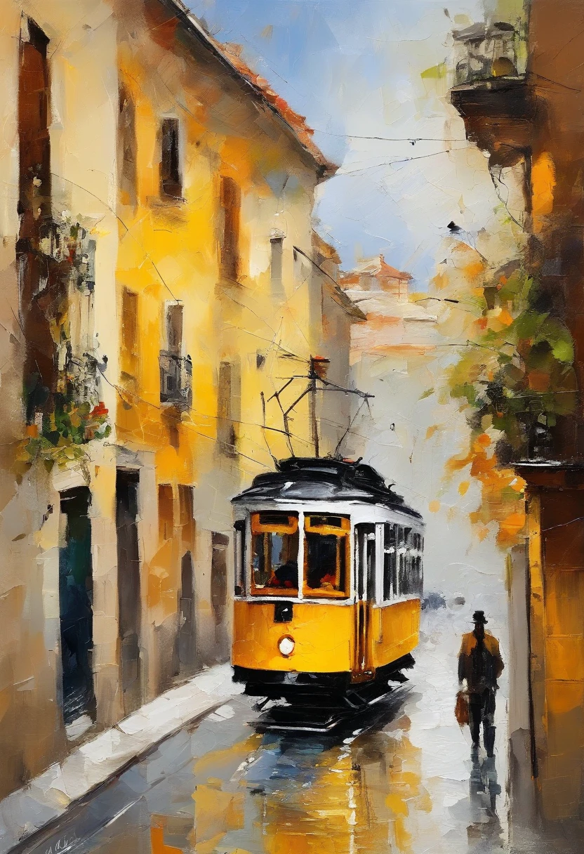 ​masterpiece、top-quality、morning、stroll。pup、exquisite and detailed drawings, yellow tram in Lisbon city, sunny, rich, classy, opulent, Lisbon street abstract, with light glowing、Happiness、Fresh morning sunshine、(Spark:0.7) 、stroll、landscapes