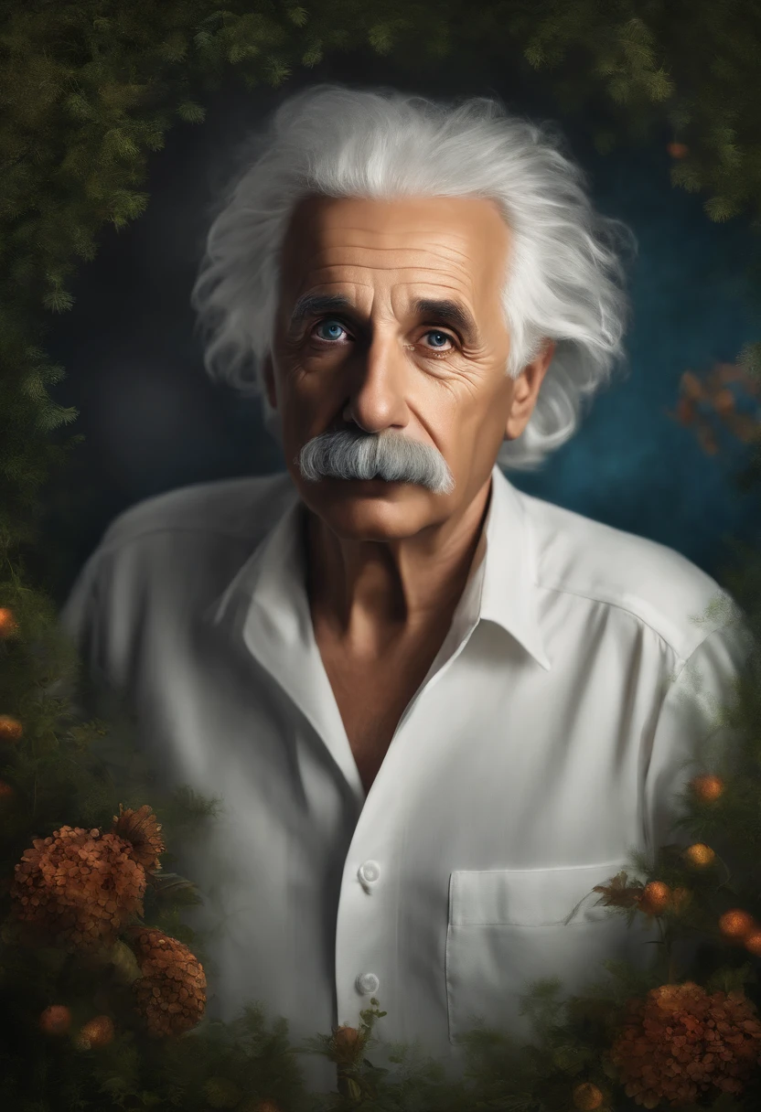 Generate an image the imitation of Albert Einstein with the following characteristics: facing forward, white hair, fair skin, blue eyes, and a captivating expression. he is wearing a white shirt. the photo shows him from the waist up. all parts of your body should appear on the screen. the face is turned away from the screen