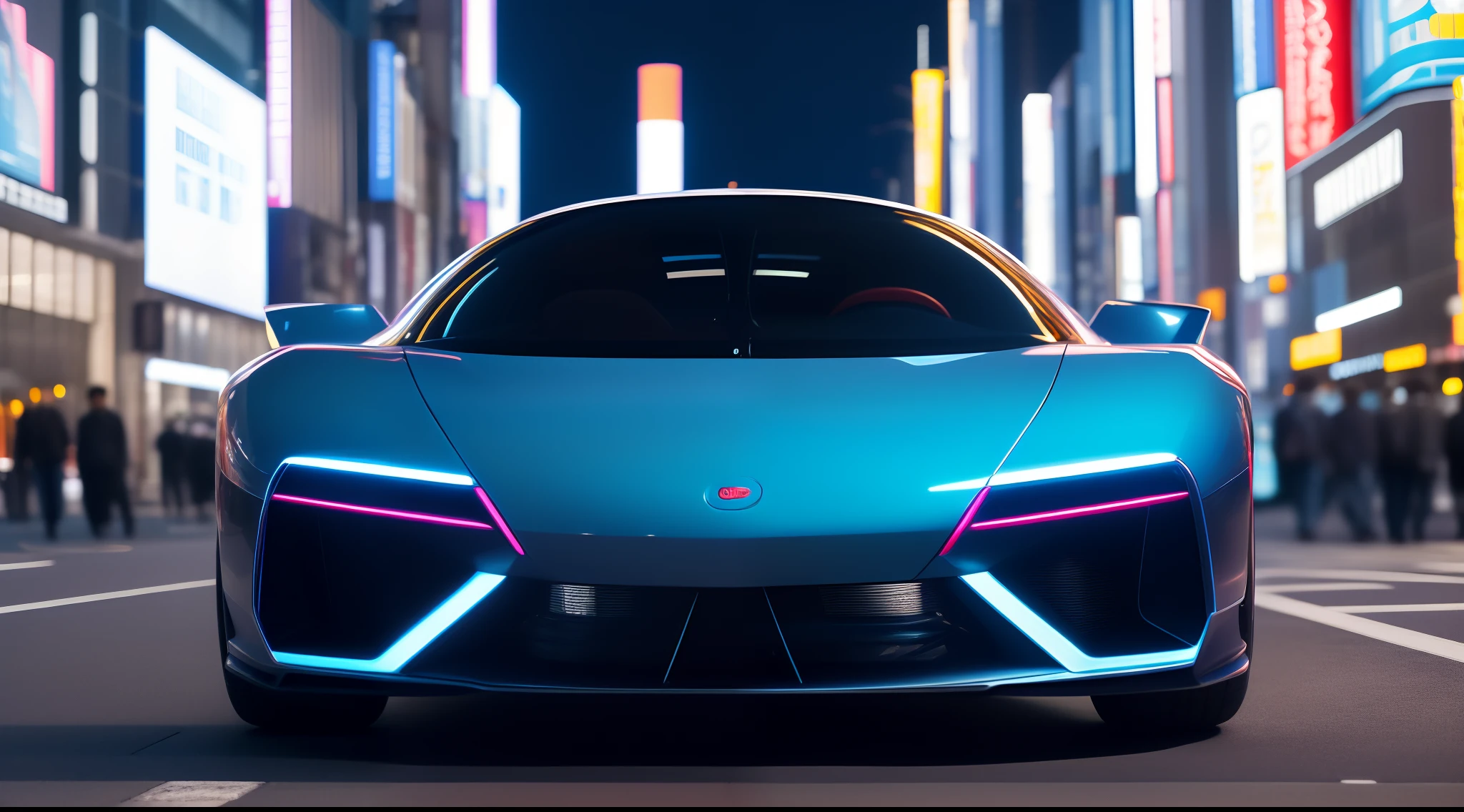 futuristic hover car design by Kazunori Itō,raw photo,16:9 aspect ratio,front view,work-wheels,Shibuya Shibuya,cinematic colors,photorealistic:1.37,ultra-detailed,night photography