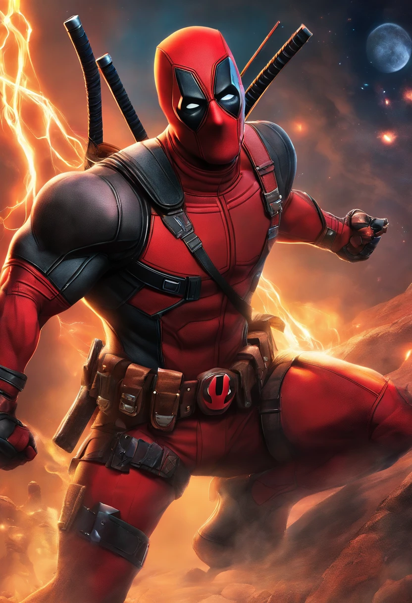 deadpool marvel ,Bodybuilder, super strong, muscular, ABS, in background asgard, 35mm lens, photography, ultra details, HDR, UHD,8K