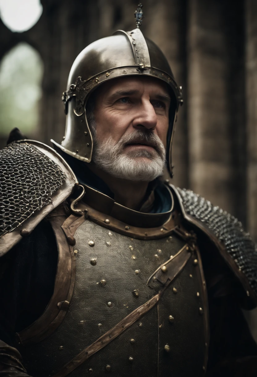 Absurd resolution, high resolution, (Masterpiece: 1.4), hyper-detailing, Middle-aged man in military medieval armor, Scientific Observatory background, Screen walls, etc, Open your mouth excitedly, Upper body photo