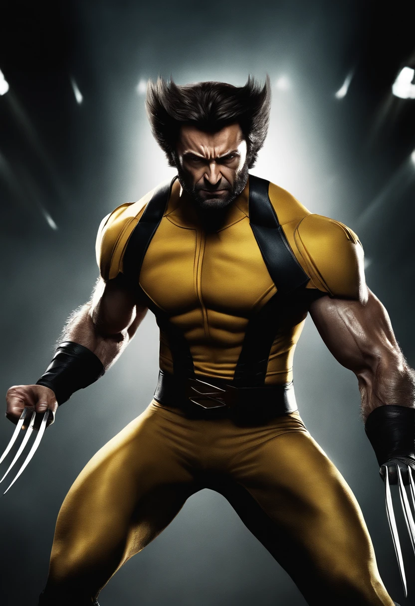 A detailed artwork of Wolverine portrayed by Hugh Jackman in a high-quality, realistic style with ultra-detailed features and an extremely realistic representation. The image should showcase the character's signature adamantium claws and intense facial expressions. The lighting should be dramatic and emphasize the ruggedness of Wolverine's appearance. The color palette should be rich and vivid, highlighting the character's iconic yellow and black costume. The artwork should capture Wolverine in a dynamic pose, displaying his fierce and powerful nature. The medium used for this artwork can be either digital painting or a pencil sketch. Additionally, please ensure that Wolverine's eyes are beautifully detailed to convey his intense gaze.