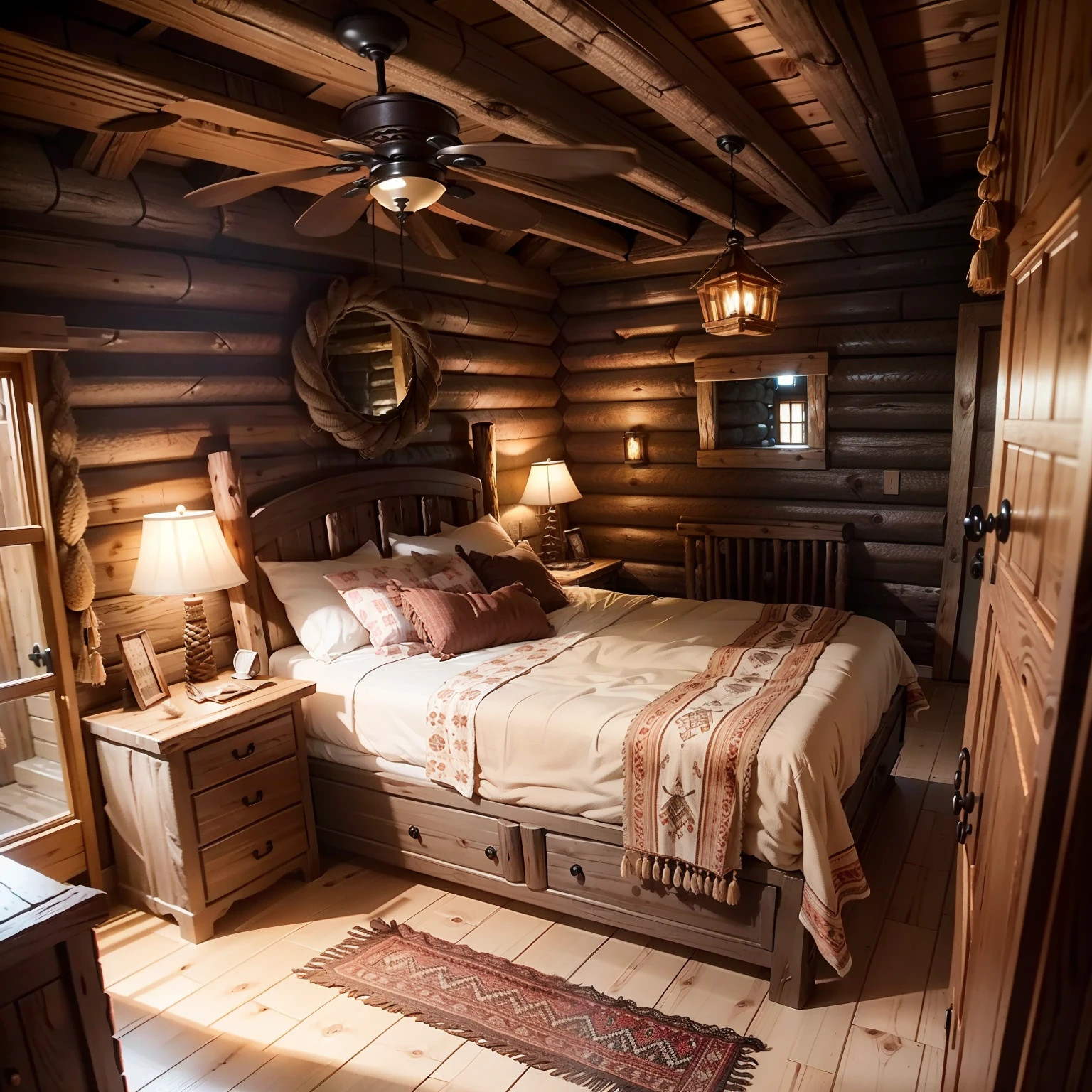 Rustic bedroom in a log house, wicker straw bed with soft feather bed, rustic decoration, poverty