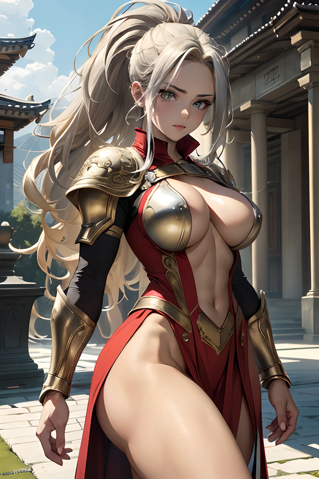 (8K, best quality:1.2), (masterpiece:1.37), (photo, photorealistic:1.37), (ultrahigh-res), half body, walking pose, shot from front, slow motion, female paladin wearing the full body, (light silver armour:1.2),(ornately decorated armor), (insanely detailed, bloom:1.5), (highest quality, Alessandro Casagrande, Greg Rutkowski, Sally Mann, concept art, 4k), (analog:1.2), (high sharpness), (detailed pupils:1.1), detailed face and eyes, Masterpiece, best quality, (highly detailed photo:1.1), (long blonde Hair, ponytail,ecstatic:1.1), (young woman:1.1), sharp, (perfect body:1.1), realistic, real shadow, 3d, (temple background:1.2),
photographed by Canan EOS R6, 135mm, 1/1250s, f/2.8, ISO 400