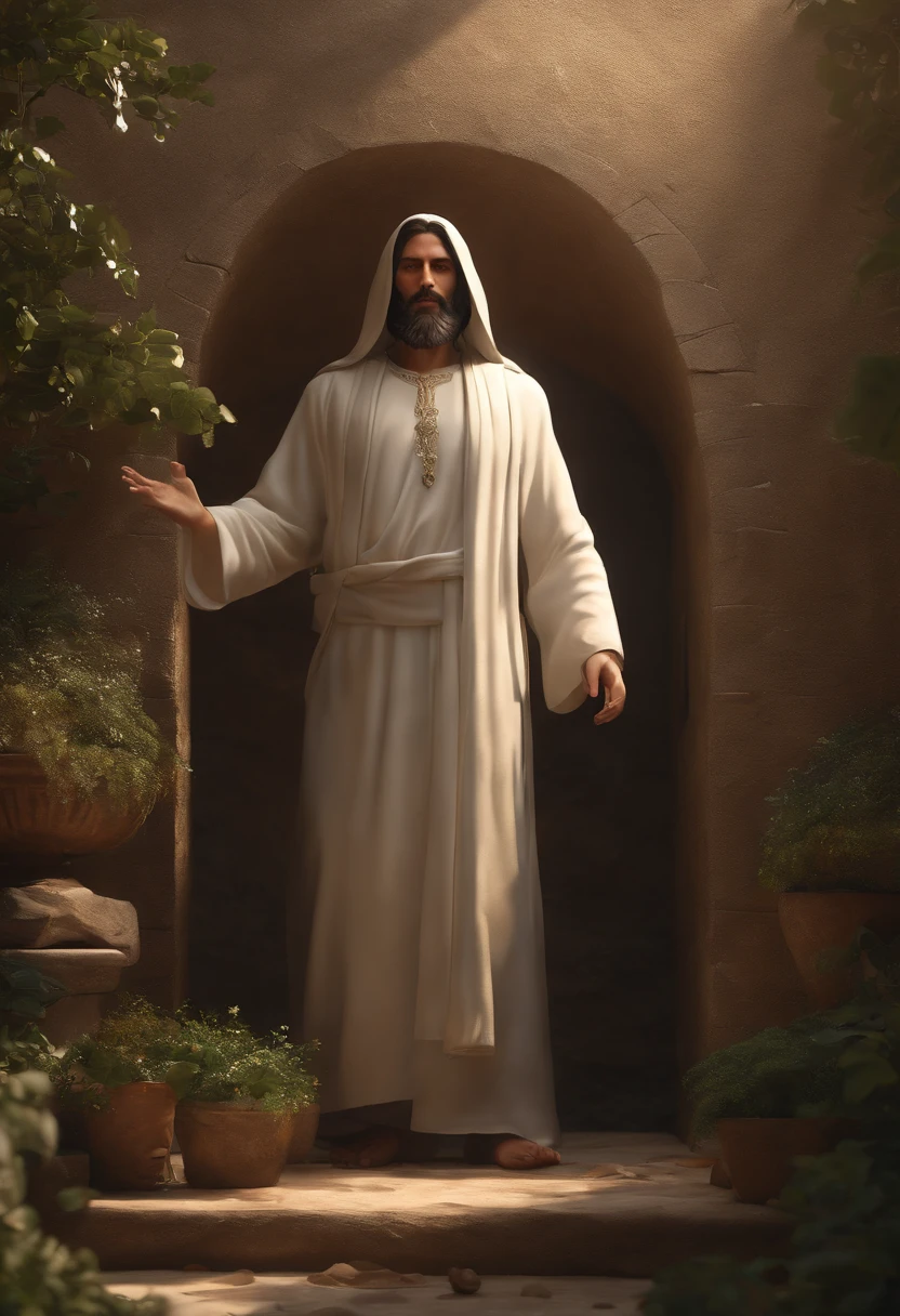 Um belo retrato realista ultra-fino de Jesus e seus apostolos, O Profeta, um homem 42 anos morena hebraica, cabelos castanhos curtos, barba marrom longa, em um templo, wearing long linen tunic closed on the breast part, em vista frontal, corpo inteiro, biblical, Realistic, 8k, arte conceitual, fotorrealista, Realistic, oil painting, Surrealismo, hiper-realista, escovas de escova, arte digital, Estilo, Aquarela