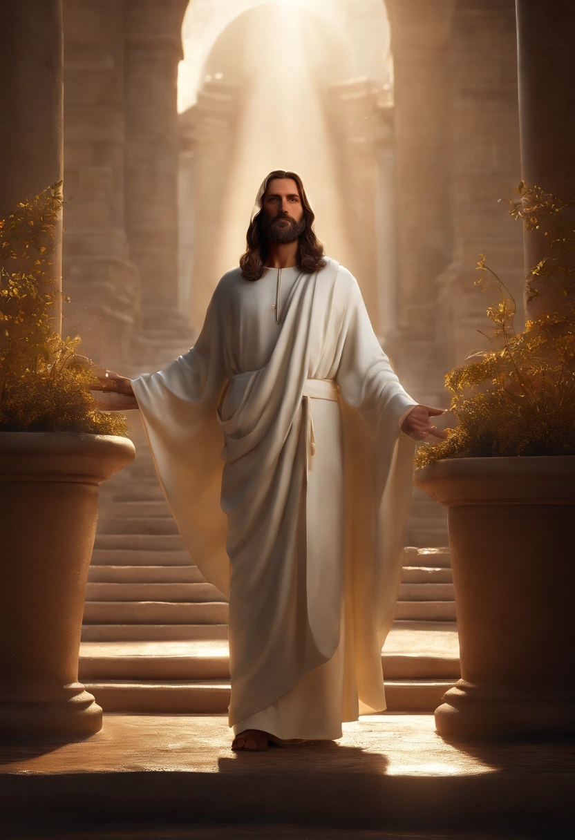 (Professional 3D Rendering:1.3) by (Realistic:1.3) World's Most Beautiful Artwork Photo of Standing body, full body and front view, Jesus on the Mount of Olives, He shows people an old paper، with a flowing white robe, is in the center, surrounded by an aura of divine light. His serene face radiates wisdom and love as he speaks to the surrounding crowd, fantastic location, majestic cluttered environment)), full body 8k unit render, action shot, skin pores, very dark lighting, heavy shading, detailed, Detailed face, (vibrant, photorealistic, realistic, dramatic, Dark, sharp focus, 8k), (Old leather clothes damaged by weather:1.4), (((Use fur)))), (intricate:1.4 ), decayed, (high detailed:1.4), digital paint, octane rendering, Art Seasons, Concept-Art, smooth, sharp focus, illustration, germ of art, (Loish:0.23), Wlop Ilya Kuvshinov, and Greg Rutkowski and Alphonse Mucha Gracias, (Global Illumination, Studio Light, Volumetric Light), Heavy Rain, Floating Particles, Rascal, Fantasy, Eleven, Full Body, Esbian, ((Dark Old City Background:1.3)),CGSesociedade,Art Stations