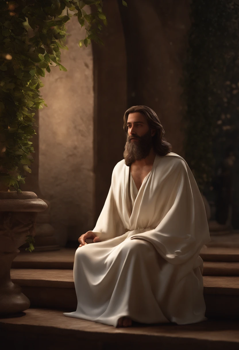 (Professional 3D Rendering:1.3) by (Realistic:1.3) World's Most Beautiful Artwork Photo of Standing body, full body and front view, Jesus on the Mount of Olives, He shows people an old paper، with a flowing white robe, is in the center, surrounded by an aura of divine light. His serene face radiates wisdom and love as he speaks to the surrounding crowd, fantastic location, majestic cluttered environment)), full body 8k unit render, action shot, skin pores, very dark lighting, heavy shading, detailed, Detailed face, (vibrant, photorealistic, realistic, dramatic, Dark, sharp focus, 8k), (Old leather clothes damaged by weather:1.4), (((Use fur)))), (intricate:1.4 ), decayed, (high detailed:1.4), digital paint, octane rendering, Art Seasons, Concept-Art, smooth, sharp focus, illustration, germ of art, (Loish:0.23), Wlop Ilya Kuvshinov, and Greg Rutkowski and Alphonse Mucha Gracias, (Global Illumination, Studio Light, Volumetric Light), Heavy Rain, Floating Particles, Rascal, Fantasy, Eleven, Full Body, Esbian, ((Dark Old City Background:1.3)),CGSesociedade,Art Stations