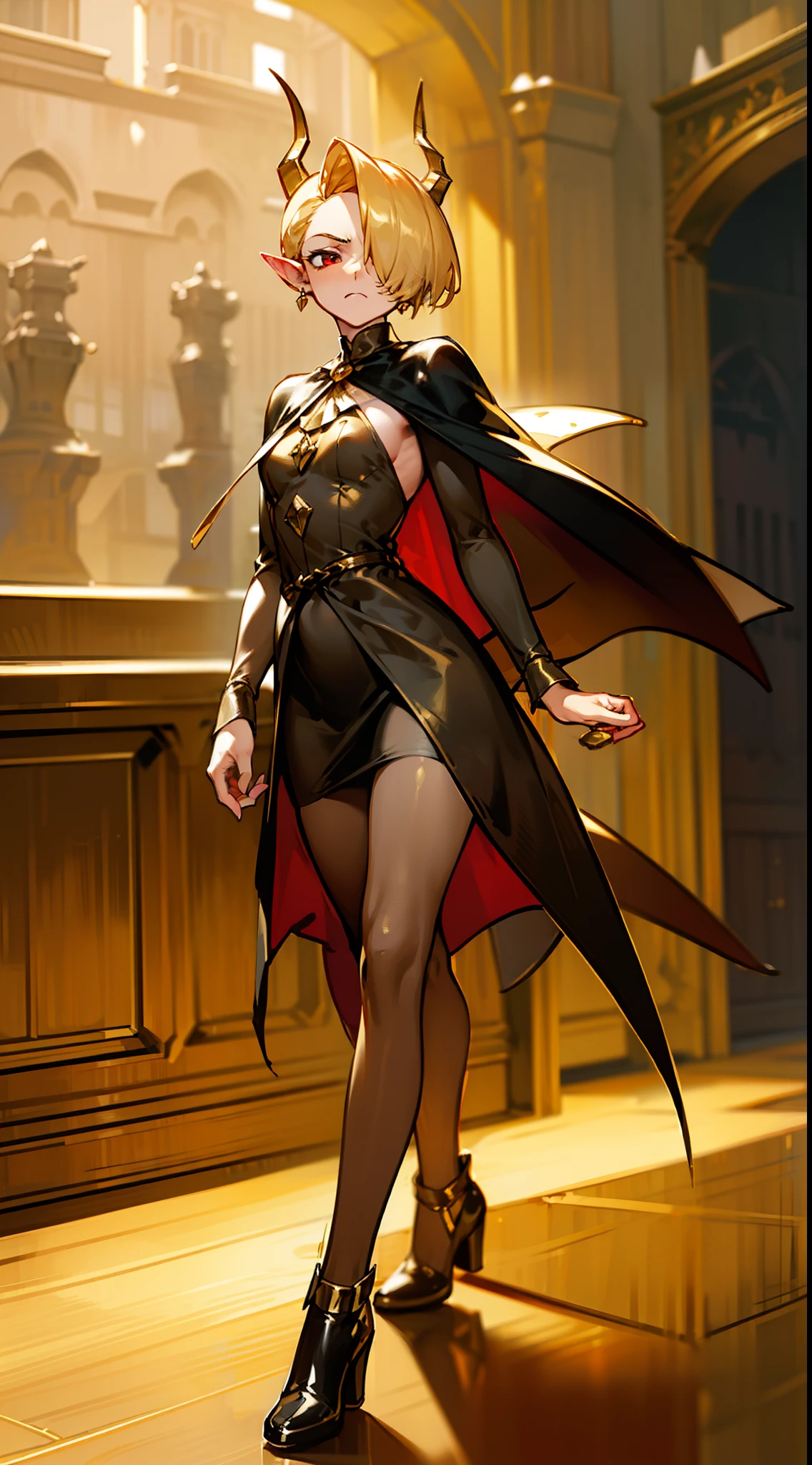 1woman,40s,solo,angry face,golden and black short dress,medium tits,golden hair,small hair,red eyes,elves ears, golden horns,pantyhose,((cape)),hair over one eye,gold high heels,(((walking in front of a room inside a castle)))