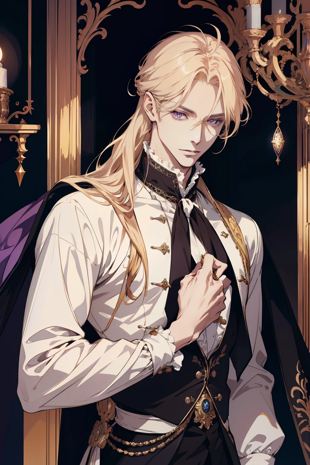 (absurdres, highres, ultra detailed), 1 male, adult, (absurdres, highres, ultra detailed), 1 male, adult, handsome, tall muscular guy, broad shoulders, finely detailed purple eyes and detailed face, long blond hair, large 18th-century baroque mansion, garden, nobleman, aristocratic, elegant, anime, Victorian er a man in a white shirt and black cape, delicate androgynous prince, beautiful androgynous prince, portrait of magical long blond haired Red eyes prince, regal prince, Phoenix amulet zerochan art, casimir art, highly detailed exquisite fanart, inspired by Li Chevalier, key anime art, trending on artstation pixiv detailed middle aged beautiful detailed Radiant tall ethereal celestial Radiant sun god Glowing