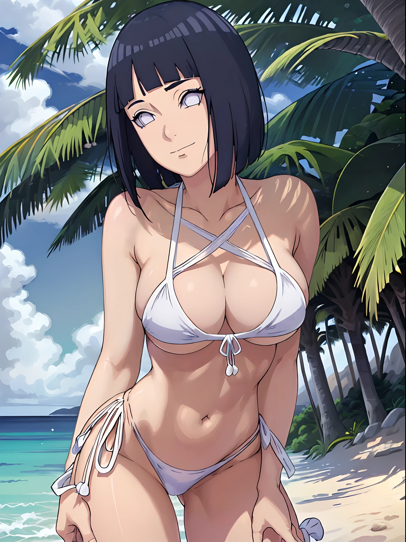 (WALLPAPER, (hinata\(boruto\), (((white string bikini))), masterpiece, 4k, vector coloring, whole body shot, (high color saturation), contrast lighting, mature female, (curvy:0.8), solo, anime style, sharp focus, professional artwork, intricate details, colorful, vibrant colors, vivid colors, digital blending, ultra detailed body, ultra detail hair, ultra detail face, trending on pixiv, very hot colors, (((beach background, outdoors))), detailed bold arm lines, high color saturation, bold lines, bold drawing lines),
((Standing pose)), (head tilt), closed mouth, kind smile, gentle look),
((dark blue hair color:1.1), wavy hair, ((short hair, hime cut)),
(perfect eyes, white sciera, bright eyes, white eyes, anime eyes, smoky eyeliner, eyeshadow)
(white skin, (fair skin), slender body, milf, perfect face),
(legs, big breasts, off-shoulders, (detailed shoulders, detailed arm lines, little biceps lines)),
(bare shoulders, bare legs, (both hands on )),