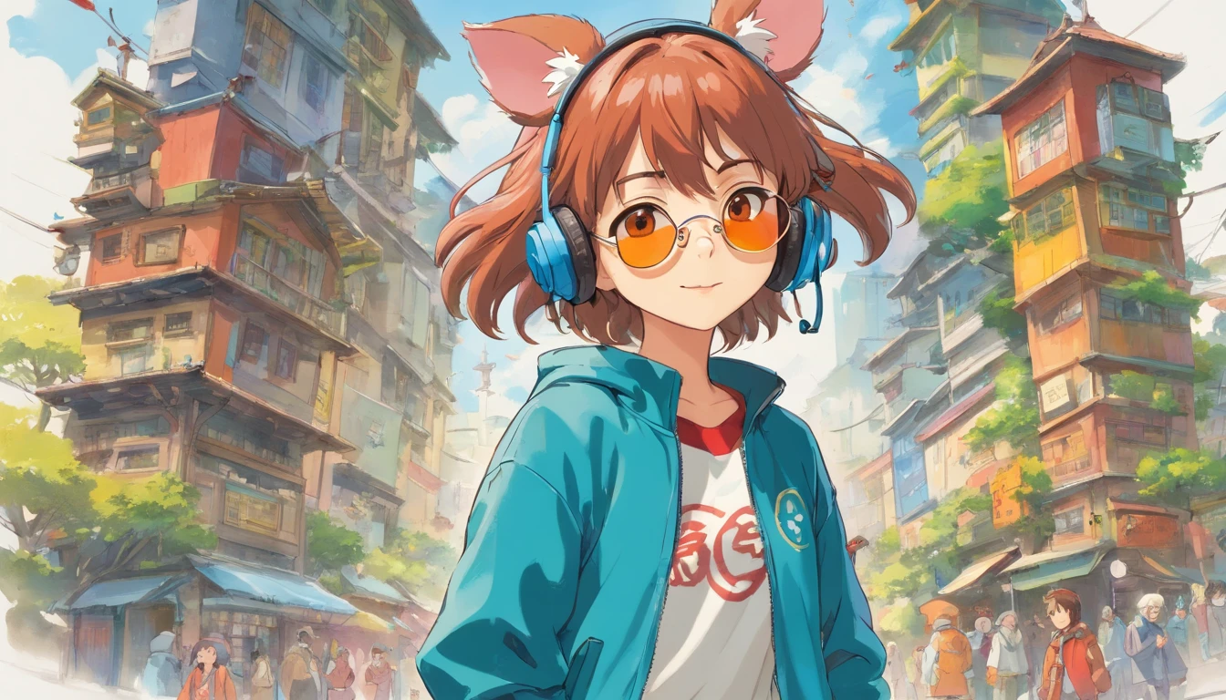 Perfect centering, Cute mouse, Wear a student team jacket, Wearing sunglasses, Wearing headphones, cheerfulness, Standing position, Abstract beauty, Centered, Looking at the camera, Facing the camera, nearing perfection, Dynamic, Highly detailed, smooth, Sharp focus, 8K, high definition resolution, illustration, Art by Carne Griffiths and Wadim Kashin, White background
