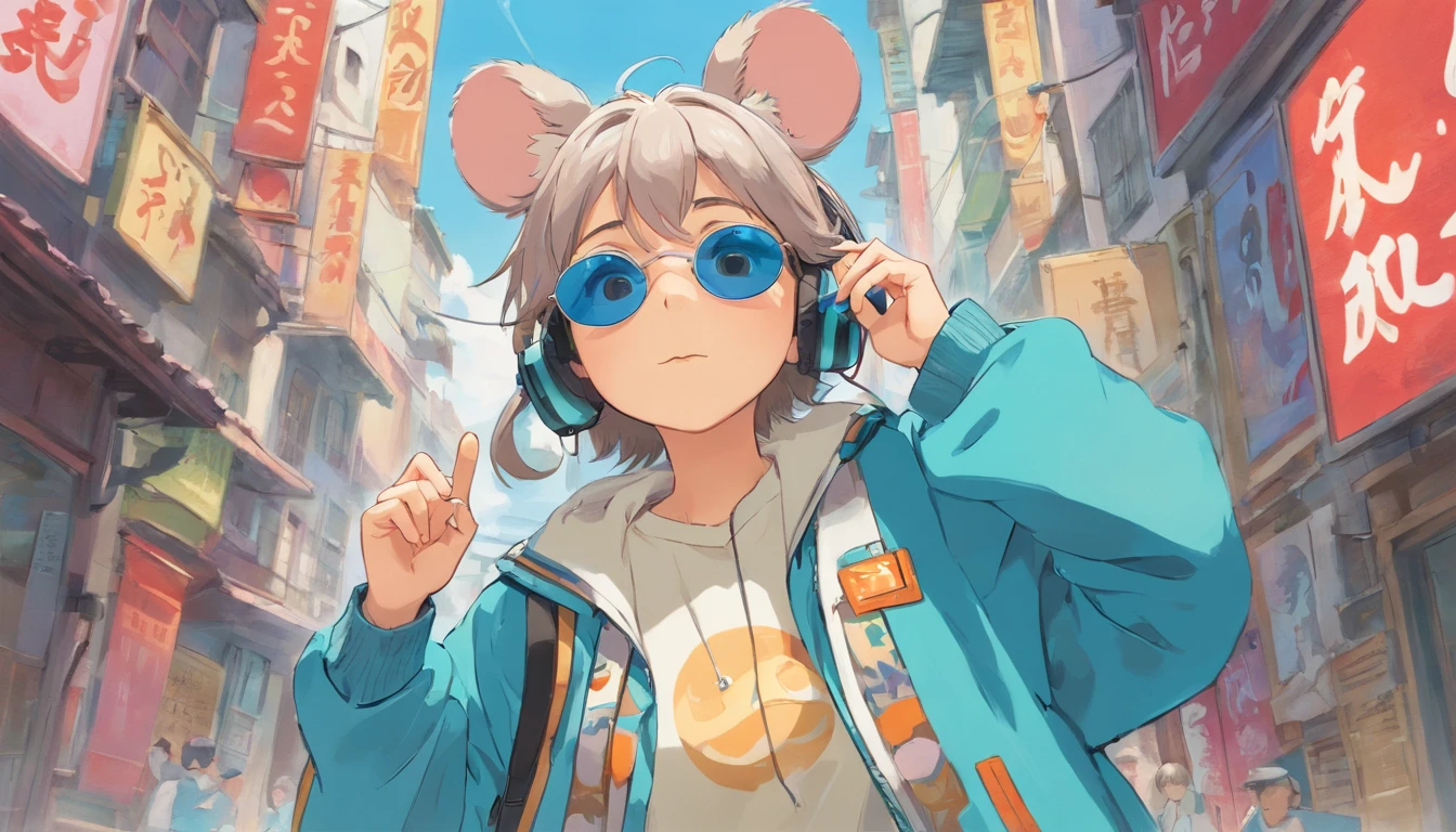 Perfect centering, Cute mouse, Wear a student team jacket, Wearing sunglasses, Wearing headphones, cheerfulness, Standing position, Abstract beauty, Centered, Looking at the camera, Facing the camera, nearing perfection, Dynamic, Highly detailed, smooth, Sharp focus, 8K, high definition resolution, illustration, Art by Carne Griffiths and Wadim Kashin, White background