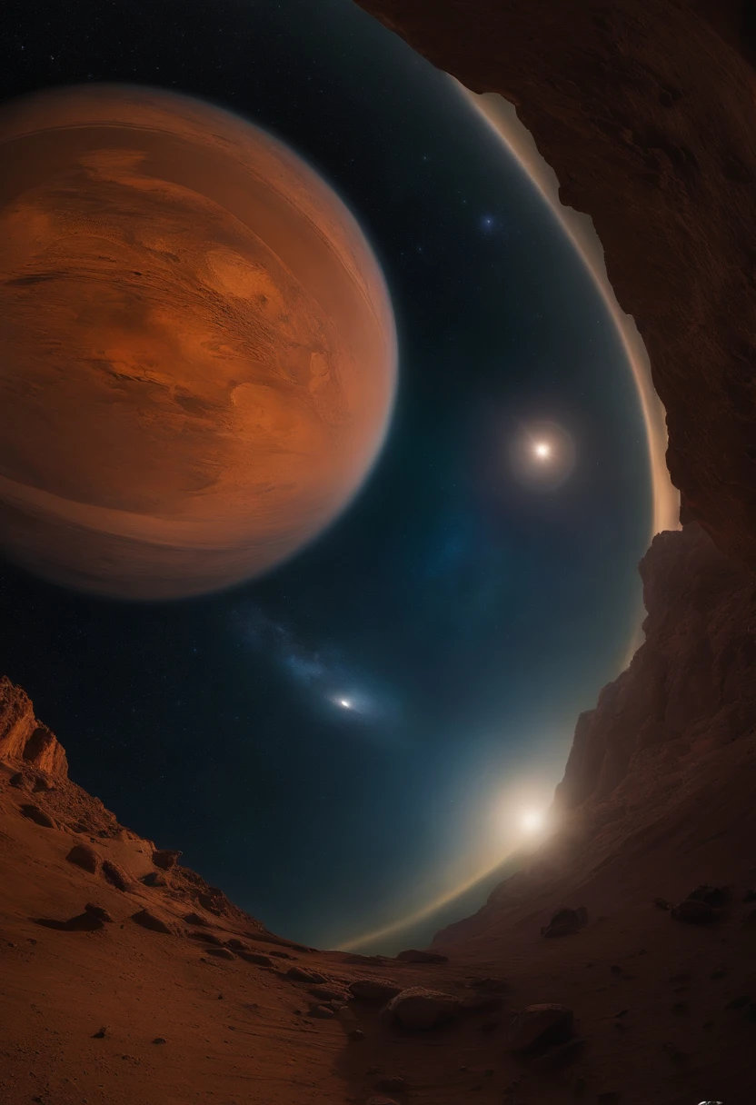 sunrise in mars, 12tulips, 2moons dark, galaxy starry, aurora, aerial view, river, ruins