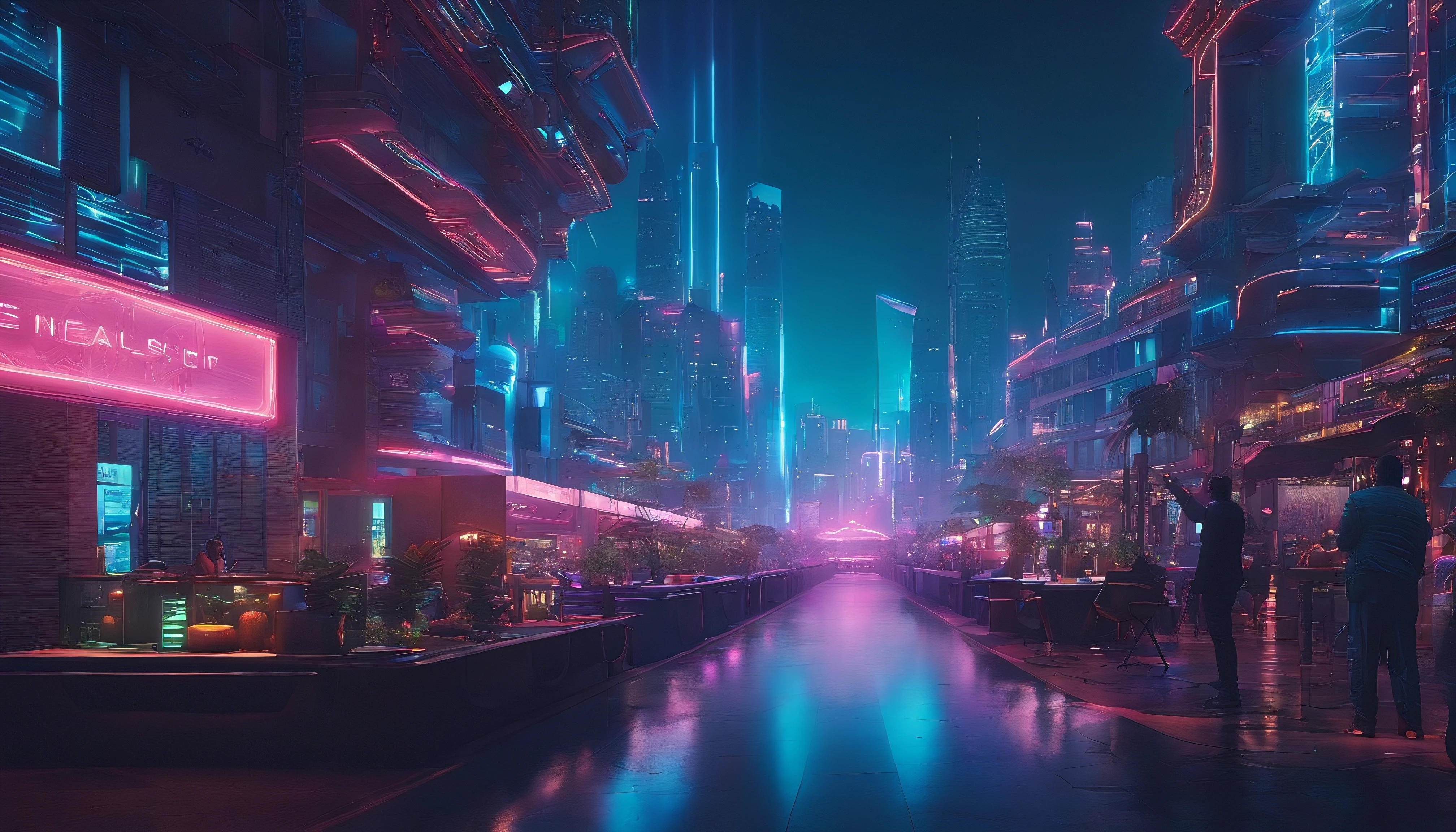(obra prima) cidade no estilo cyberpunk, illuminated sky, neon light, imagem vista do zero, paisagem ampla, cidade futurista