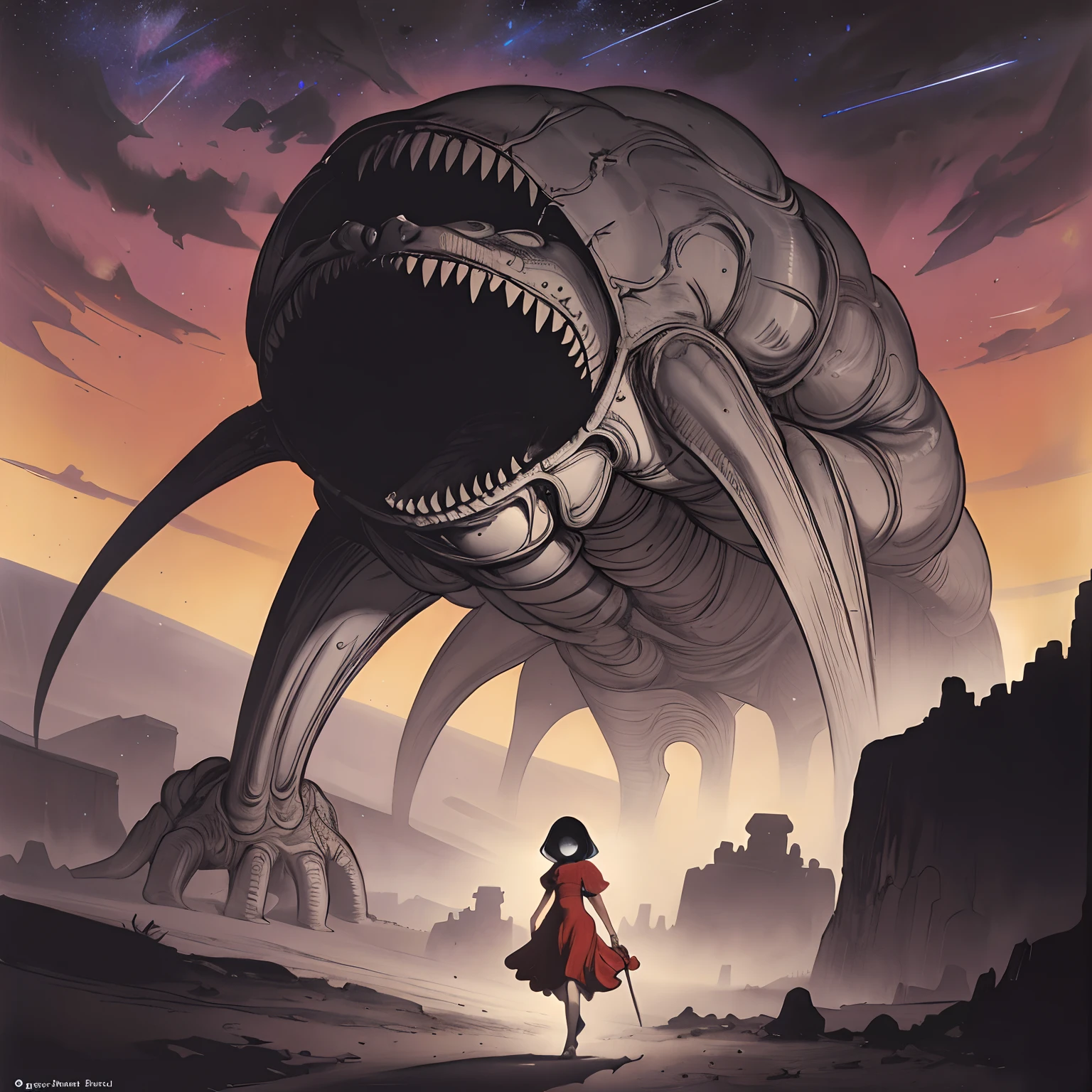 (superflat, flat shading, flat colors:1.1), 1girl, teen, red dress, no face, walk in a desert, anime, monster creatures, zdzislaw beksinski, hr giger, jacek yerka, starry skies, tribal, colorful
