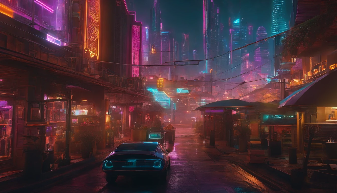 (obra prima) cidade no estilo cyberpunk, illuminated sky, neon light, imagem vista do zero, paisagem ampla, cidade futurista