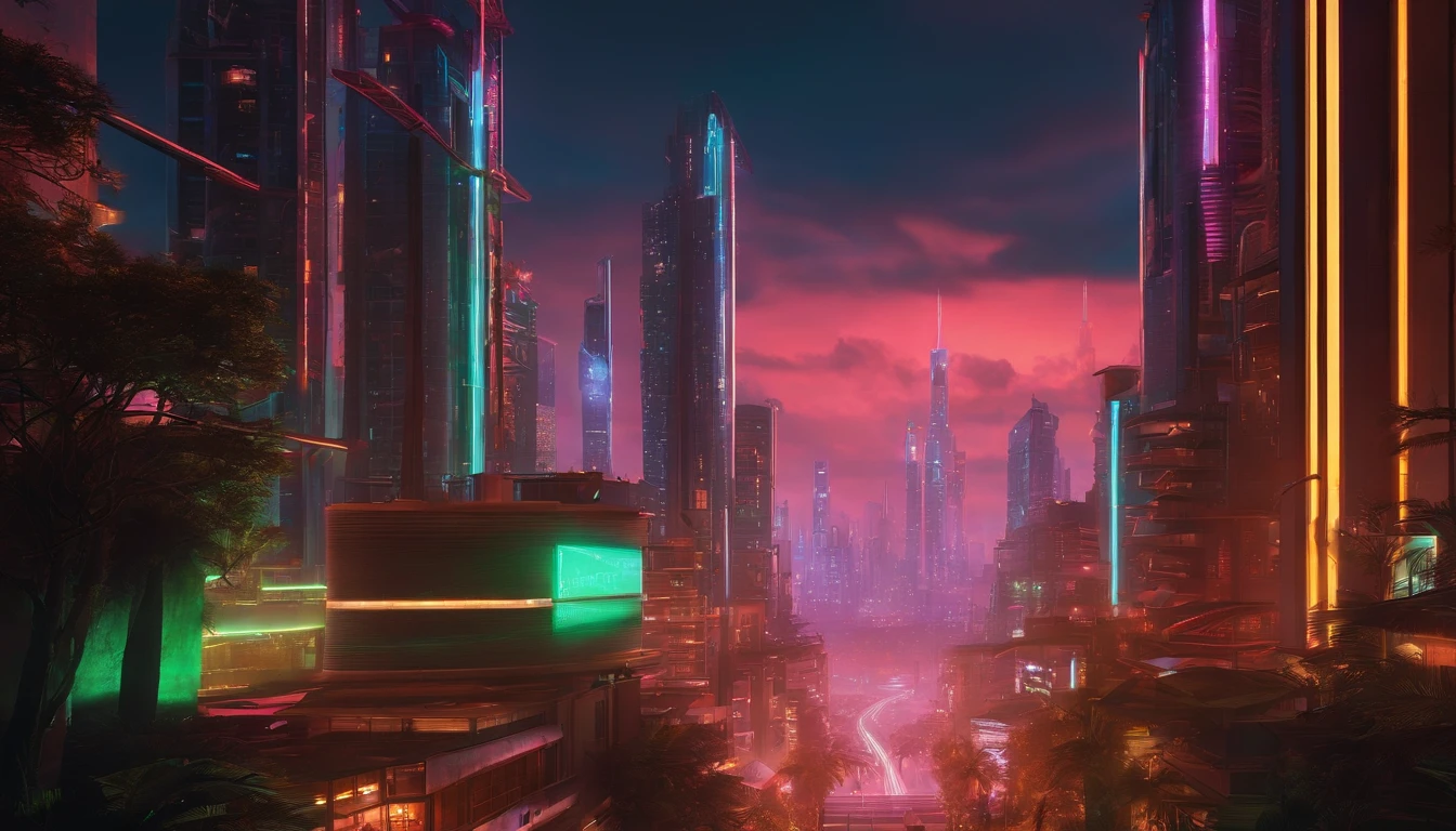 (obra prima) cidade no estilo cyberpunk, illuminated sky, neon light, imagem vista do zero, paisagem ampla, cidade futurista