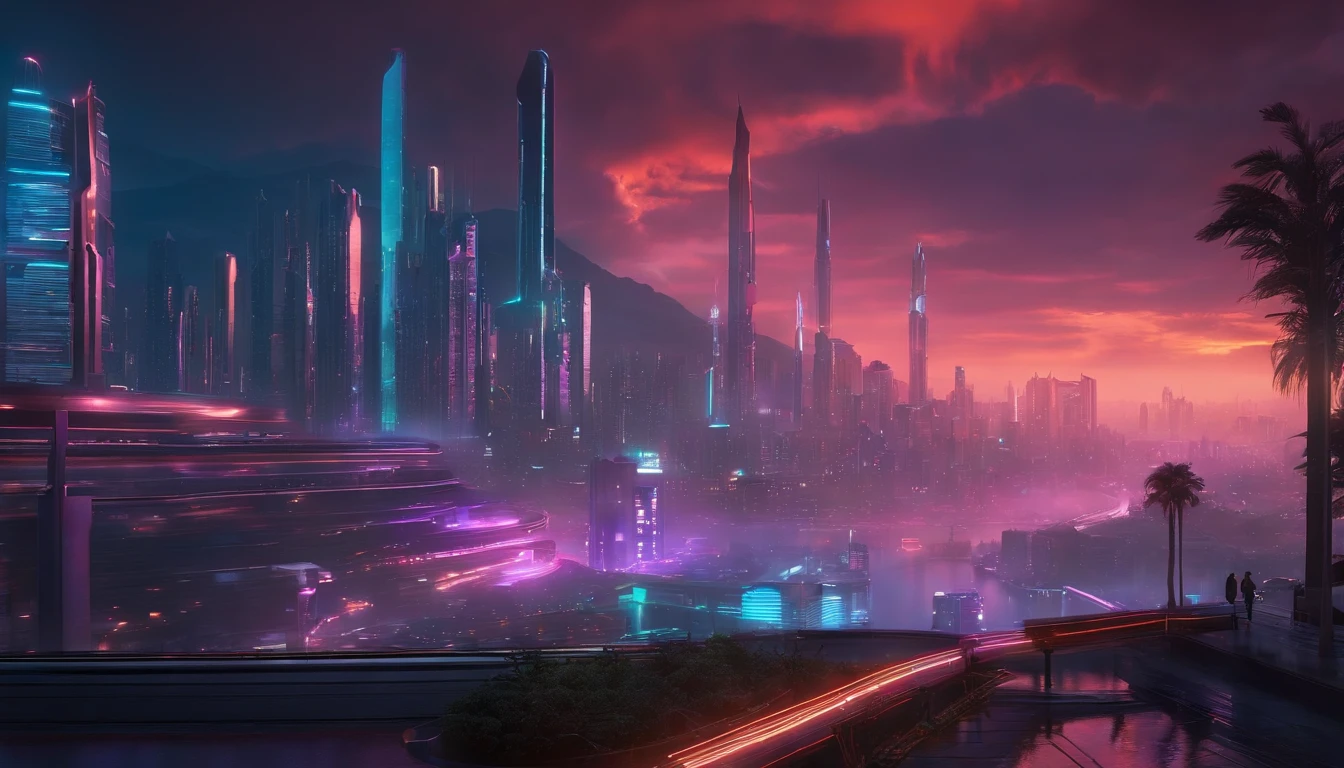 (obra prima) cidade no estilo cyberpunk, illuminated sky, neon light, imagem vista do zero, paisagem ampla, cidade futurista