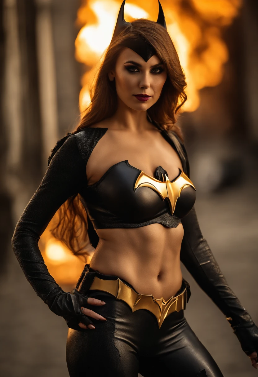 Hyper realistic, 1woman, Beautiful 30 year old woman wearing a skimpy scandalous two-piece batgirl cosplay costume, full-body portrait, batgirl, batgirl emblem, heroic expression, sexy, brown hair, light hazel eyes, black cape, batgirl boots, costume looks like its been destroyed as if in battle, nearly naked, torn costume, costume is in tatters with lots of holes and tears in it, lots of skin showing, lots of cleavage visible, torn clothes, background is post-apocalyptic metropolis, nsfw, high quality, lots of holes in batgirl black tube top, lots of holes in black bikini batgirl bottom, mostly naked, (Torn Clothes:1.8), (Burned Clothes:1.5), DSLR, hyper realistic photography